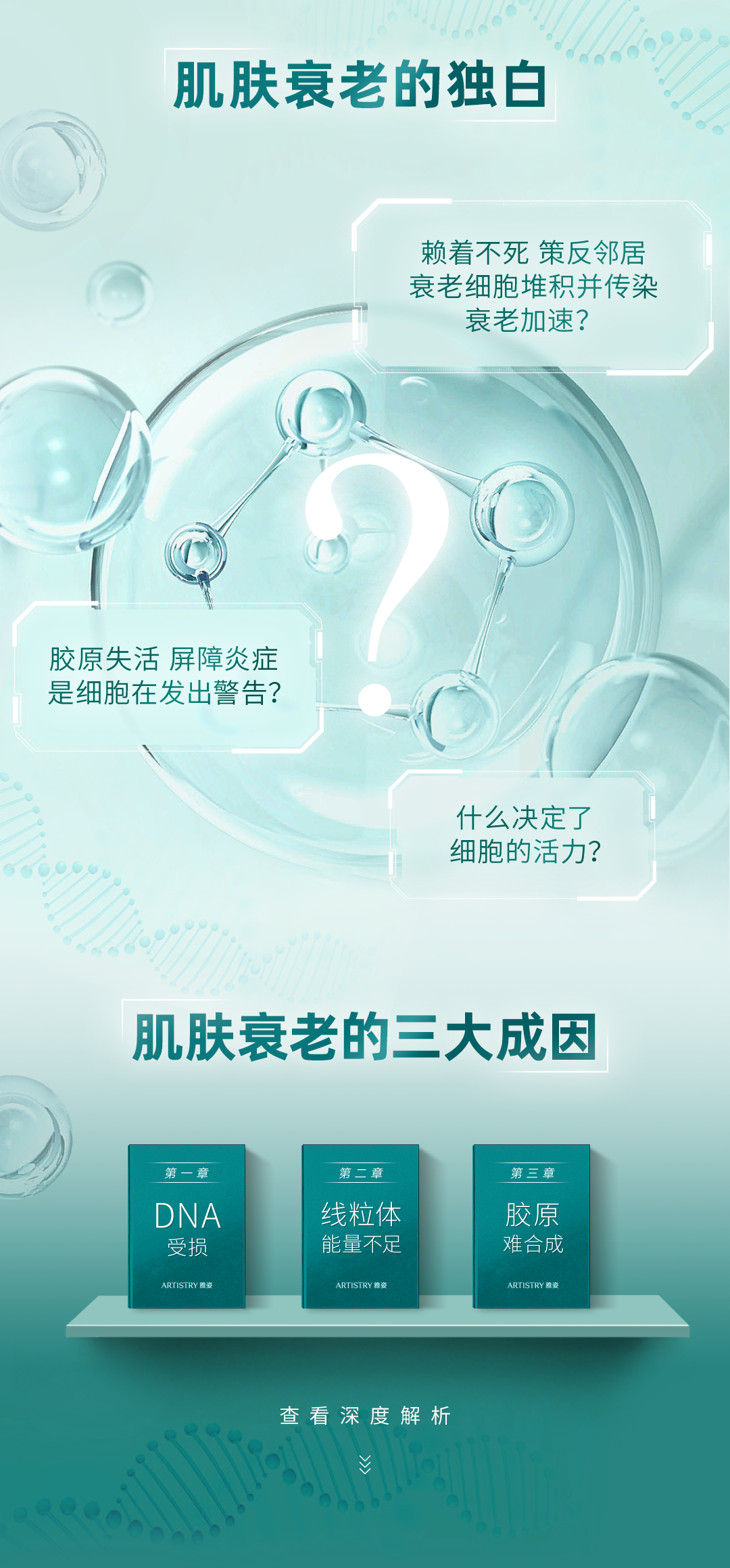 肌肤衰老的独白

赖着不死 策反邻居
衰老细胞堆积并传染
衰老加速？

胶原失活 屏障炎症
是细胞在发出警告？

什么决定了
细胞的活力？

肌肤衰老的三大成因

第一章 DNA受损
第二章 线粒体能量不足
第三章 胶原难合成

查看深度解析