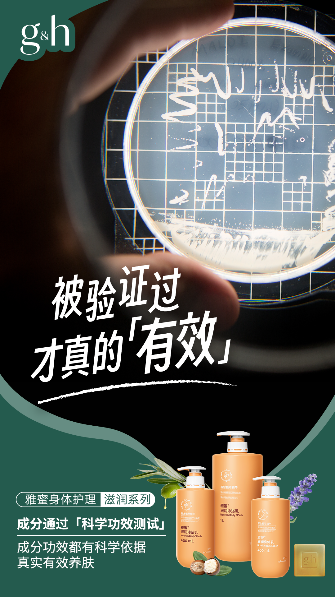 g&h
被验证过 才真的「有效」
雅蜜身体护理 滋润系列
成分通过「科学功效测试」
成分功效都有科学依据 真实有效养肤