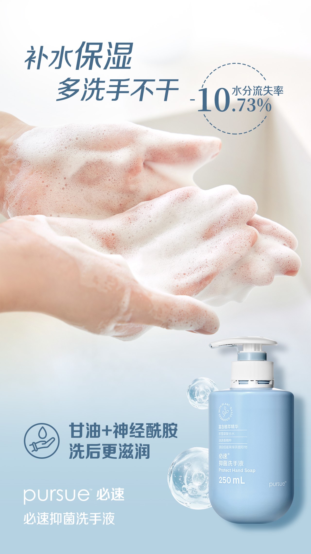 补水保湿
多洗手不干 -10.73% 水分流失率

甘油+神经酰胺
洗后更滋润

pursue 必速
必速抑菌洗手液