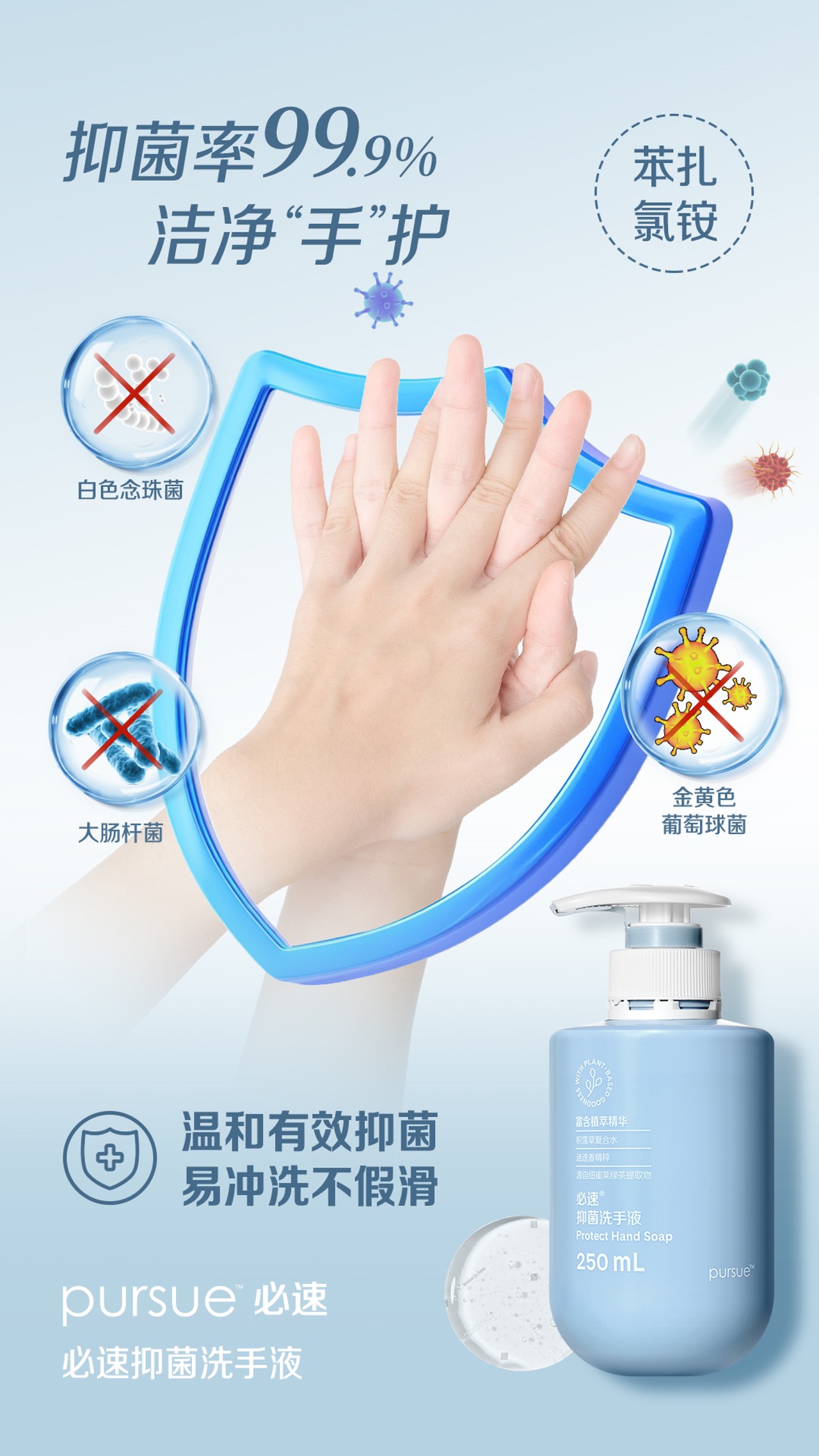 抑菌率99.9%
洁净“手”护

苯扎氯铵
白色念珠菌
大肠杆菌
金黄色葡萄球菌

温和有效抑菌
易冲洗不假滑

pursue 必速
必速抑菌洗手液
