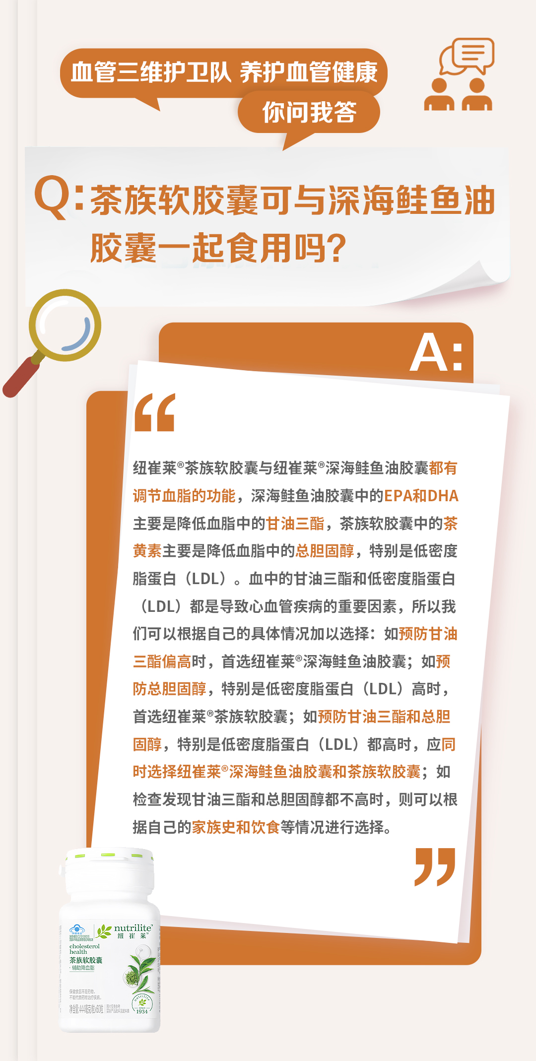 血管三维护卫队 养护血管健康
你问我答

Q：茶族软胶囊可与深海鲑鱼油胶囊一起食用吗？

A：
纽崔莱®茶族软胶囊与纽崔莱®深海鲑鱼油胶囊都有调节血脂的功能，深海鲑鱼油胶囊中的EPA和DHA主要是降低血脂中的甘油三酯，茶族软胶囊中的茶黄素主要是降低血脂中的总胆固醇，特别是低密度脂蛋白（LDL）。血中的甘油三酯和低密度脂蛋白（LDL）都是导致心血管疾病的重要因素，所以我们可以根据自己的具体情况加以选择：如预防甘油三酯偏高时，首选纽崔莱®深海鲑鱼油胶囊；如预防总胆固醇，特别是低密度脂蛋白（LDL）高时，首选纽崔莱®茶族软胶囊；如预防甘油三酯和总胆固醇，特别是低密度脂蛋白（LDL）都高时，应同时选择纽崔莱®深海鲑鱼油胶囊和茶族软胶囊；如检查发现甘油三酯和总胆固醇都不高时，则可以根据自己的家族史和饮食等情况进行选择。