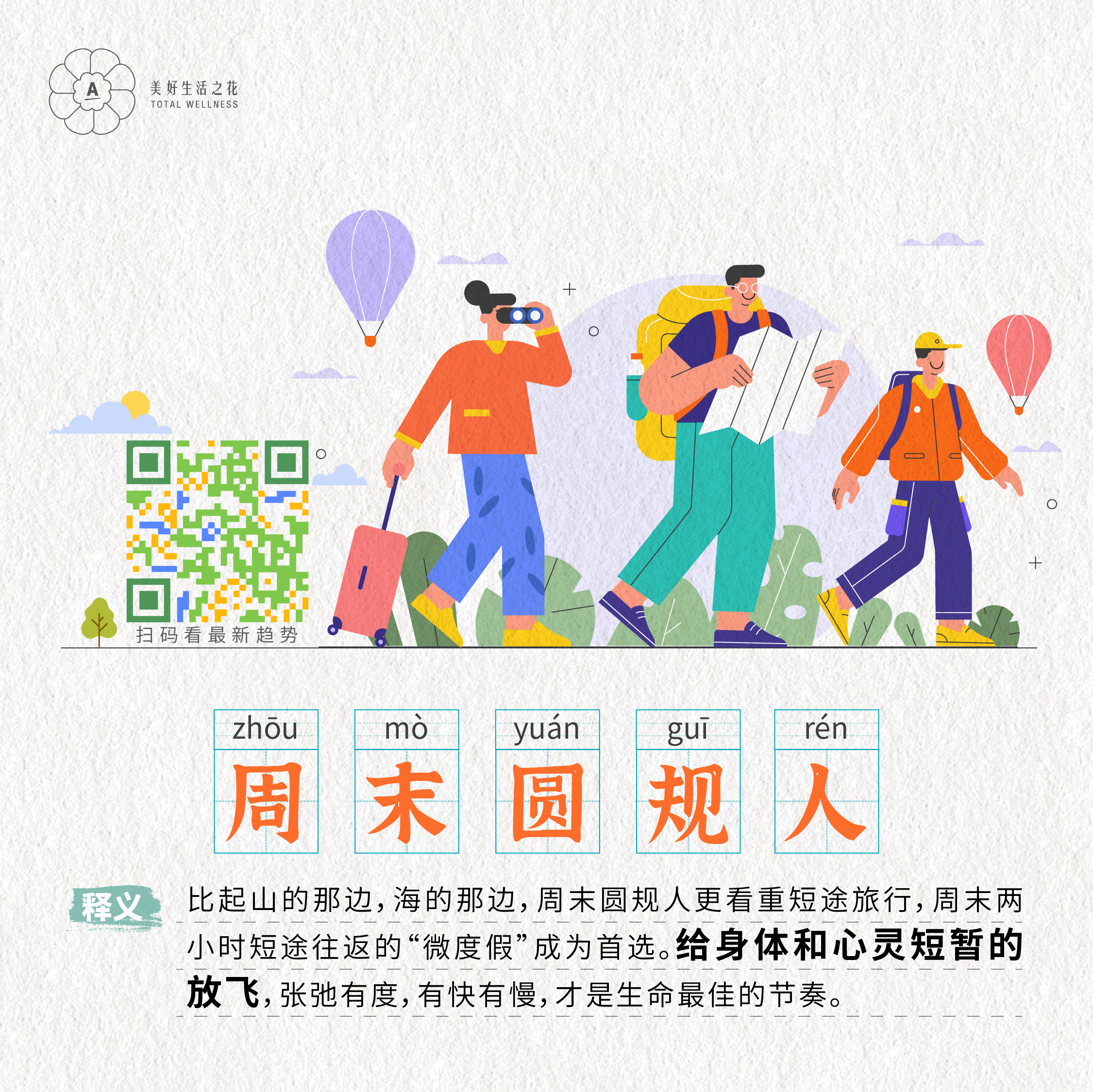 美好生活之花
 TOTAL WELLNESS
 扫码看最新趋势
 周末圆规人
 释义：比起山的那边，海的那边，周末圆规人更看重短途旅行，周末两小时短途往返的“微度假”成为首选。给身体和心灵短暂的放飞，张弛有度，有快有慢，才是生命最佳的节奏。