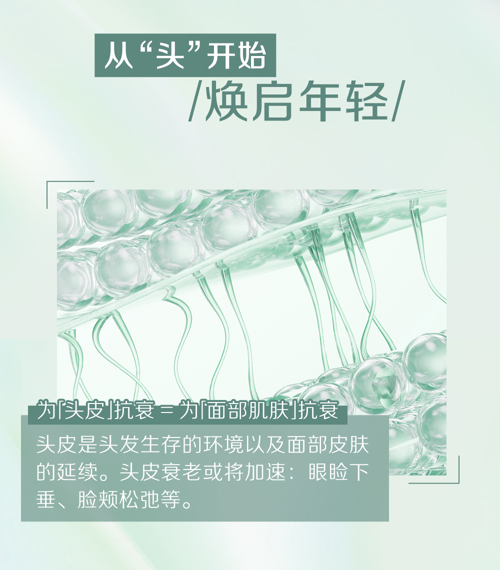 从“头”开始
/焕启年轻/

为[头皮]抗衰 = 为[面部肌肤]抗衰

头皮是头发生存的环境以及面部皮肤的延续。头皮衰老或将加速：眼睑下垂、脸颊松弛等。