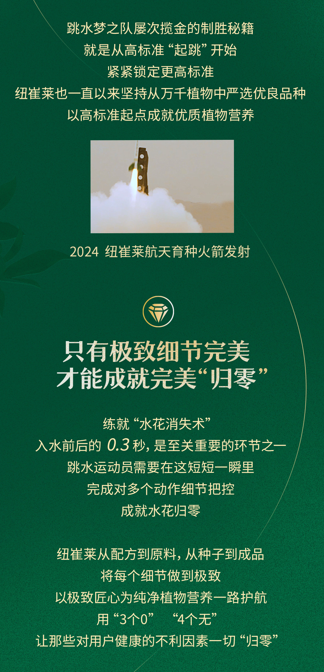 跳水梦之队屡次揽金的制胜秘籍
就是从高标准“起跳”开始
紧紧锁定更高标准
纽崔莱也一直以来坚持从万千植物中严选优良品种
以高标准起点成就优质植物营养

2024 纽崔莱航天育种火箭发射

只有极致细节完美
才能成就完美“归零”

练就“水花消失术”
入水前后的0.3秒，是至关重要的环节之一
跳水运动员需要在这短短一瞬里
完成对多个动作细节把控
成就水花归零

纽崔莱从配方到原料，从种子到成品
将每个细节做到极致
以极致匠心为纯净植物营养一路护航
用“3个0” “4个无”
让那些对用户健康的不利因素一切“归零”
