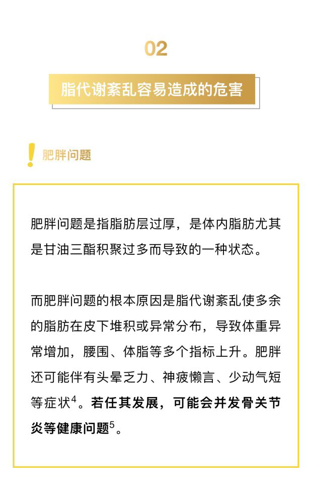 02
 脂代谢紊乱容易造成的危害
 肥胖问题
 肥胖问题是指脂肪层过厚，是体内脂肪尤其是甘油三酯积聚过多而导致的一种状态。
 而肥胖问题的根本原因是脂代谢紊乱使多余的脂肪在皮下堆积或异常分布，导致体重异常增加，腰围、体脂等多个指标上升。肥胖还可能伴有头晕乏力、神疲懒言、少动气短等症状。若任其发展，可能会并发骨关节炎等健康问题。