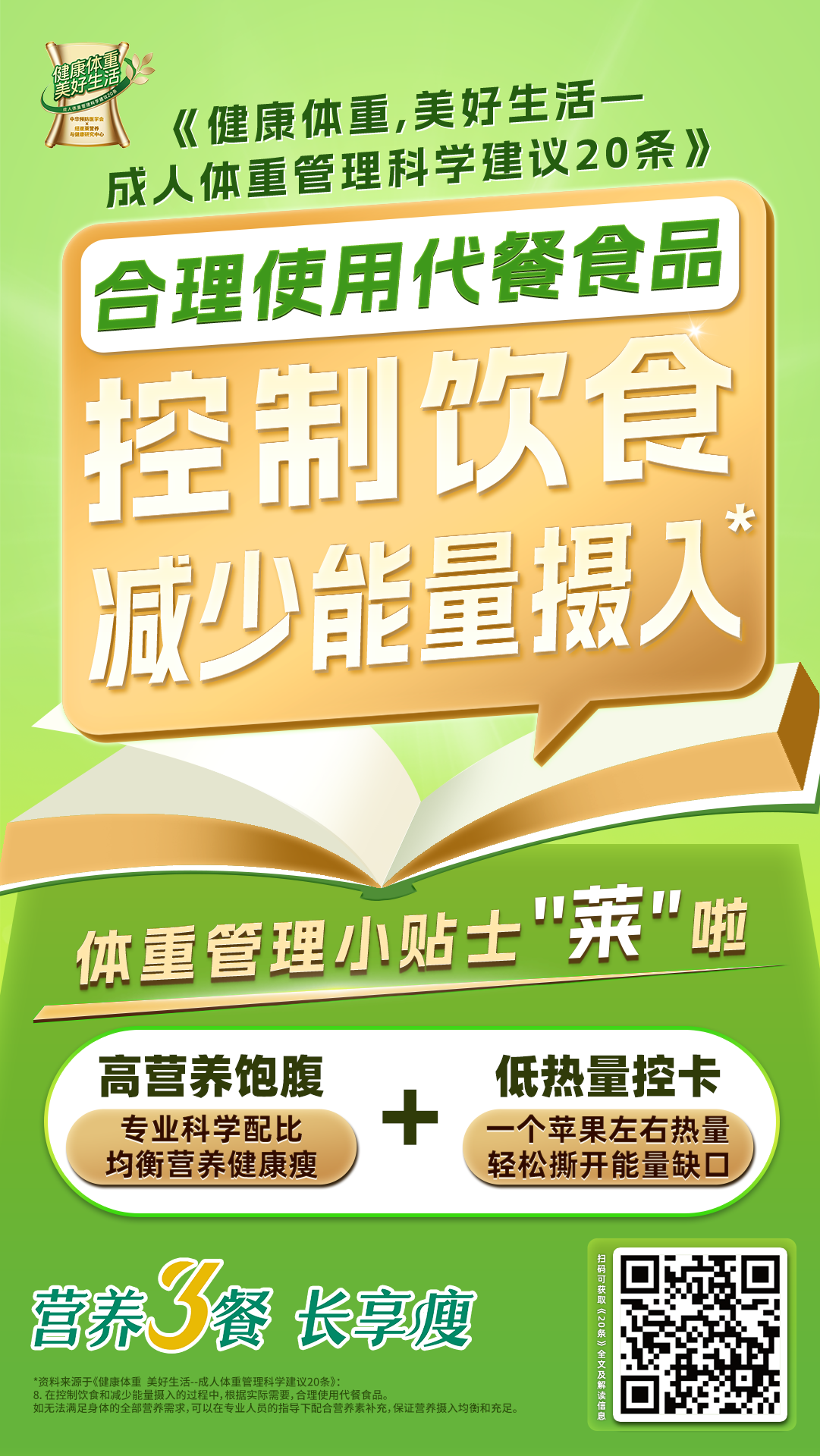 《健康体重，美好生活——成人体重管理科学建议20条》
 合理使用代餐食品
 控制饮食减少能量摄入
 体重管理小贴士“莱”啦
 高营养饱腹 + 低热量控卡
 营养3餐 长享瘦
专业科学配比均衡营养健康瘦
一个苹果左右热量轻松撕开能量缺口
*资料来源于《健康体重 美好生活--成人体重管理科学建议20条》
在控制饮食和减少能量摄入的过程中,根据实际需要,合理使用代餐食品。如无法满足身体的全部营养需求,可以在专业人员的指导下配合营养素补充,保证营养摄入均衡和充足。