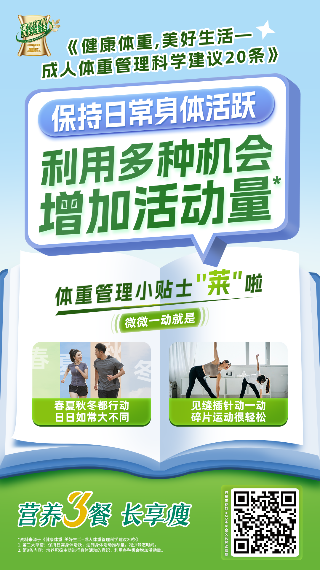 健康体重，美好生活
 成人健康体重管理科学建议20条
 保持日常身体活跃
 利用多种机会增加活动量
 体重管理小贴士“菜”啦
 微微一动就是
 春夏秋冬都行动
 日日如常大不同
 见缝插针动一动
 碎片运动很轻松
 营养三餐 长享瘦
