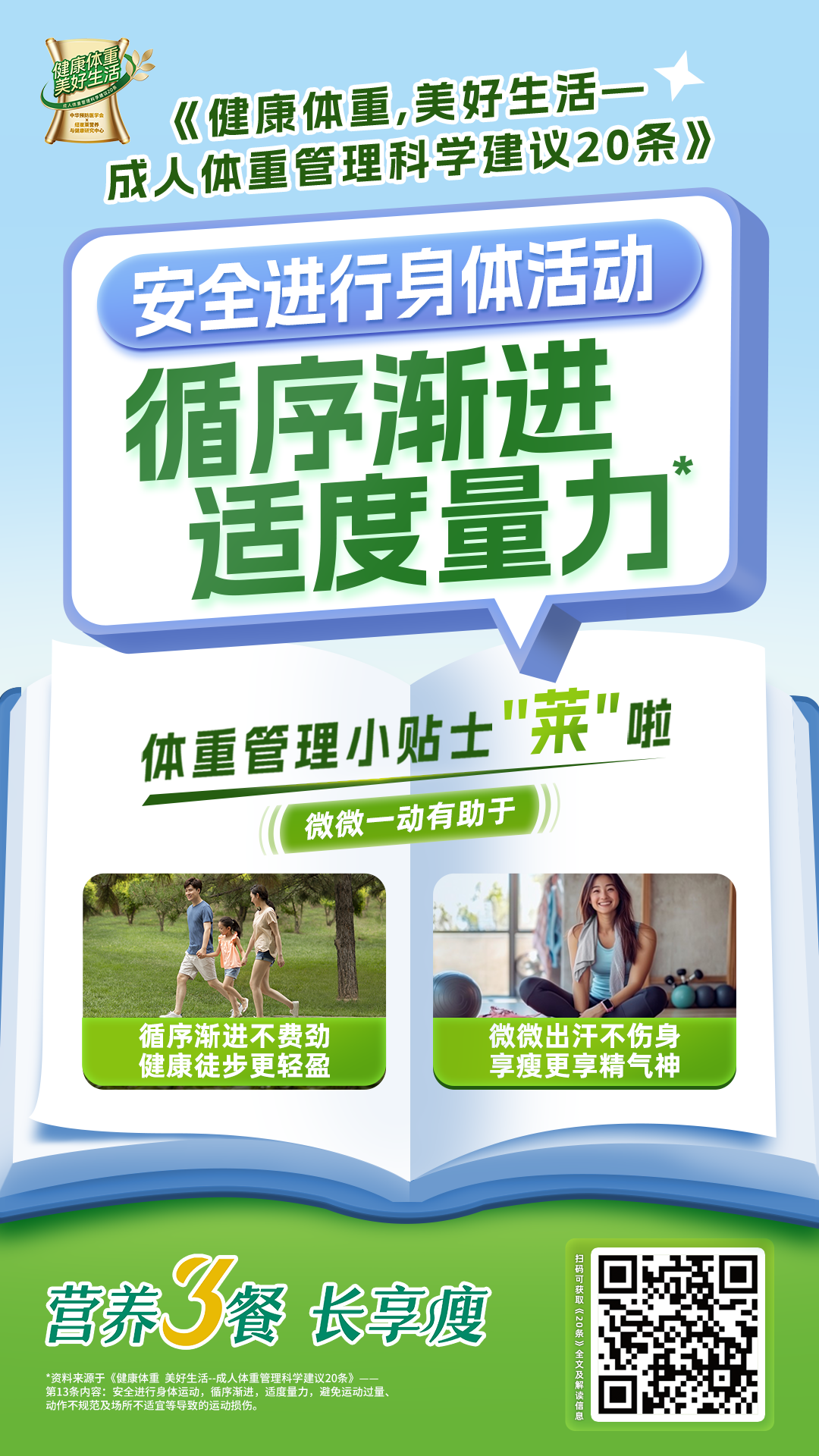 健康体重，美好生活
 成人健康体重管理科学建议20条
 安全进行身体活动
 循序渐进
 适度量力
 体重管理小贴士“菜”啦
 微微一动有助于
 循序渐进不费劲
 健康徒步更轻盈
 微微出汗不伤身
 享瘦更享精气神
 营养三餐 长享瘦