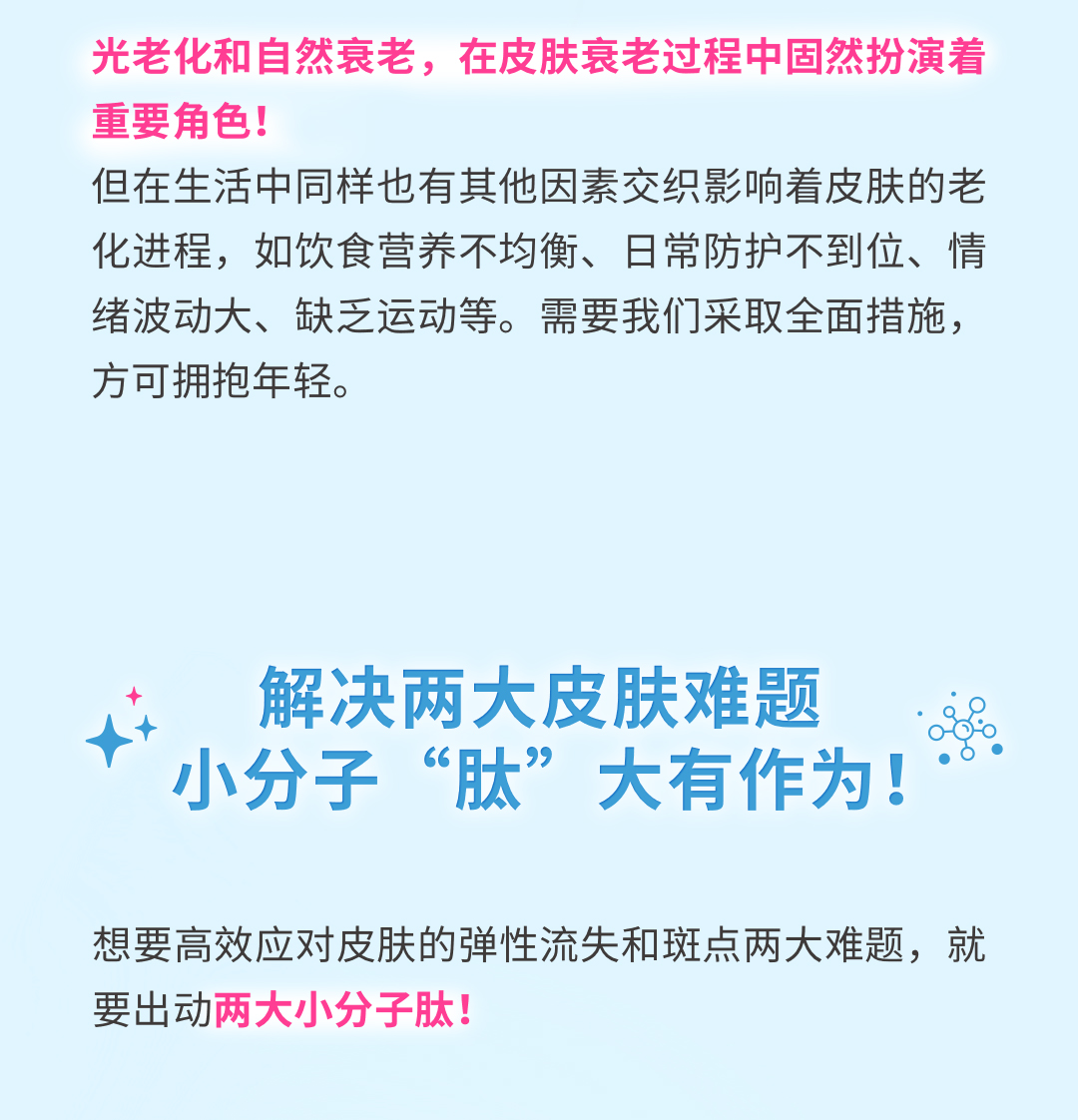 光老化和自然衰老，在皮肤衰老过程中固然扮演着重要角色！
 但在生活中同样也有其他因素交织影响着皮肤的老化进程，如饮食营养不均衡、日常防护不到位、情绪波动大、缺乏运动等。需要我们采取全面措施，方可拥抱年轻。
 解决两大皮肤难题 小分子“肽”大有作为！
 想要高效应对皮肤的弹性流失和斑点两大难题，就要出动两大小分子肽！