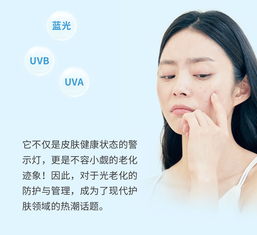 蓝光
UVB
UVA
它不仅是皮肤健康状态的警示灯，更是不容小觑的老化迹象!因此，对于光老化的防护与管理，成为了现代护肤领域的热潮话题。