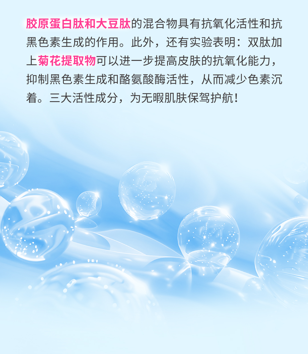 胶原蛋白肽和大豆肽的混合物具有抗氧化活性和抗黑色素生成的作用。此外，还有实验表明：双肽加上菊花提取物可以进一步提高皮肤的抗氧化能力，抑制黑色素生成和酪氨酸酶活性，从而减少色素沉着。三大活性成分，为无暇肌肤保驾护航！
