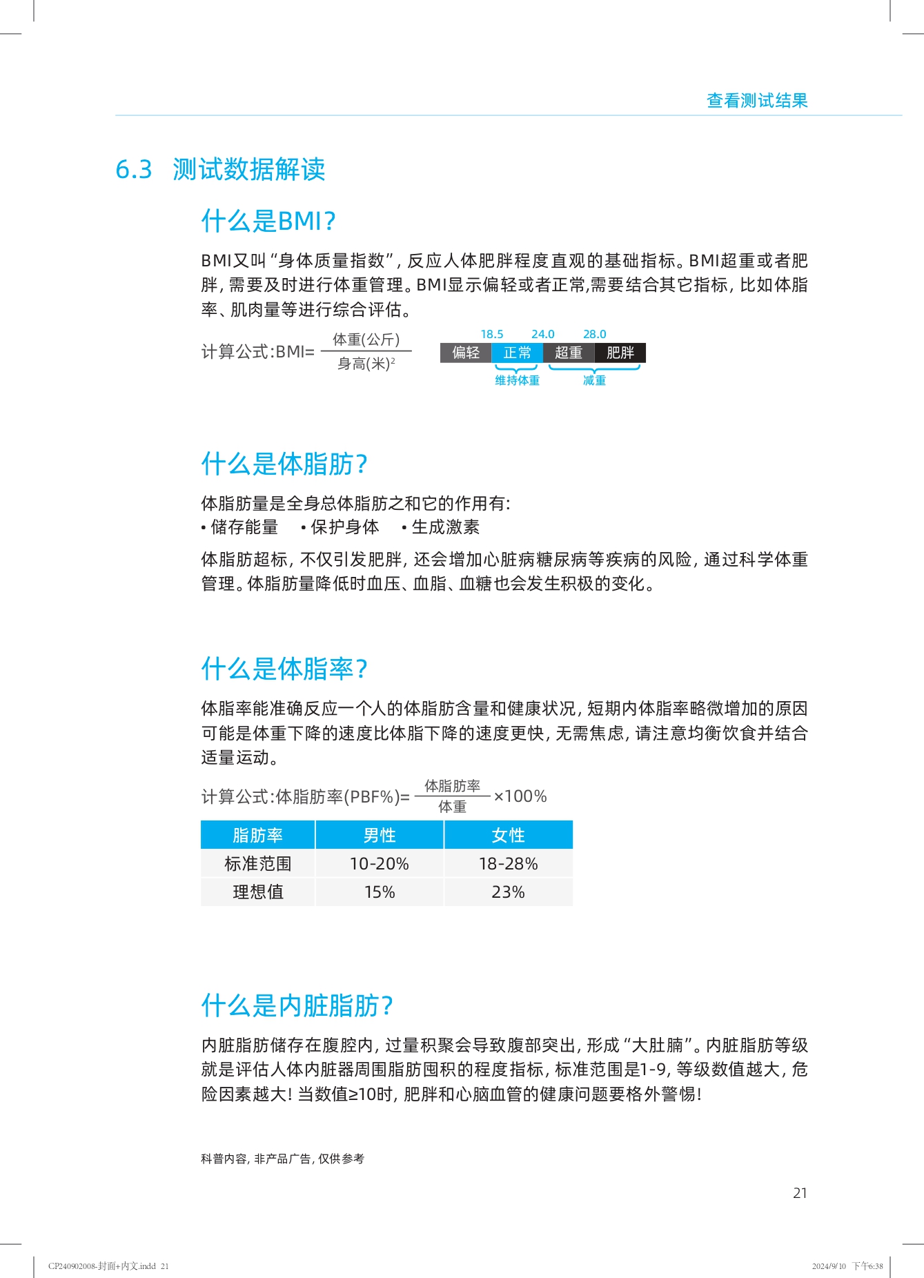 查看测试结果

6.3 测试数据解读

什么是BMI？

BMI又叫“身体质量指数”，反应人体肥胖程度直观的基础指标。BMI超重或者肥胖，需要及时进行体重管理。BMI显示偏轻或者正常，需要结合其它指标，比如体脂率、肌肉量等进行综合评估。

计算公式：BMI = 体重（公斤）/ 身高（米）²
18.5    24.0    28.0
偏轻     正常     超重     肥胖
维持体重       减重

什么是体脂肪？

体脂肪量是全身总体脂肪之和它的作用有：
- 储存能量
- 保护身体
- 生成激素

体脂肪超标，不仅引发肥胖，还会增加心脏病糖尿病等疾病的风险，通过科学体重管理。体脂肪量降低时血压、血脂、血糖也会发生积极的变化。

什么是体脂率？

体脂率能准确反应一个人的体脂肪含量和健康状况，短期内体脂率略微增加的原因可能是体重下降的速度比体脂下降的速度更快，无需焦虑，请注意均衡饮食并结合适量运动。

计算公式：体脂率(PBF%) = 体脂肪 / 体重 × 100%

| 脂肪率 | 男性 | 女性 |
|--------|------|------|
| 标准范围 | 10-20% | 18-28% |
| 理想值 | 15% | 23% |

什么是内脏脂肪？

内脏脂肪储存在腹腔内，过量积聚会导致腹部突出，形成“大肚腩”。内脏脂肪等级就是评估人体内脏器周围脂肪囤积的程度指标，标准范围是1-9，等级数值越大，危险因素越大！当数值≥10时，肥胖和心脑血管的健康问题要格外警惕！

科普内容，非产品广告，仅供参考
