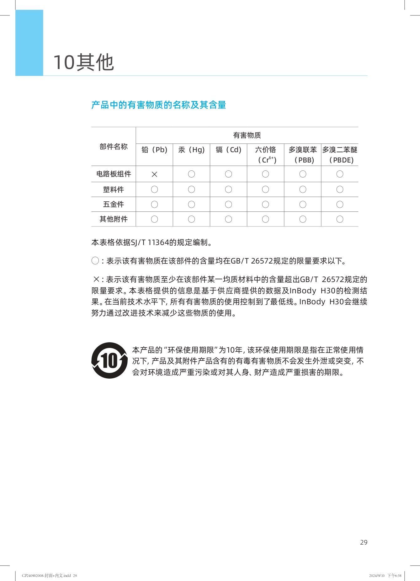 10其他

产品中的有害物质的名称及其含量

| 部件名称 | 有害物质 |
| --- | --- |
| 铅（Pb） | 汞（Hg） | 镉（Cd） | 六价铬（Cr6+） | 多溴联苯（PBB） | 多溴二苯醚（PBDE） |
| 电路板组件 | × | ○ | ○ | ○ | ○ | ○ |
| 塑料件 | ○ | ○ | ○ | ○ | ○ | ○ |
| 五金件 | ○ | ○ | ○ | ○ | ○ | ○ |
| 其他附件 | ○ | ○ | ○ | ○ | ○ | ○ |

本表格依据SJ/T 11364的规定编制。

○：表示该有害物质在该部件的含量均在GB/T 26572规定的限量要求以下。

×：表示该有害物质至少在该部件某一均质材料中的含量超出GB/T 26572规定的限量要求。本表格提供的信息是基于供应商提供的数据及InBody H30的检测结果。在当前技术水平下，所有有害物质的使用控制到了最低线。InBody H30会继续努力通过改进技术来减少这些物质的使用。

![环保标志] 本产品的“环保使用期限”为10年，该环保使用期限是指在正常使用情况下，产品及其附件产品含有的有毒有害物质不会发生外泄或突变，不会对环境造成严重污染或对其人身、财产造成严重损害的期限。