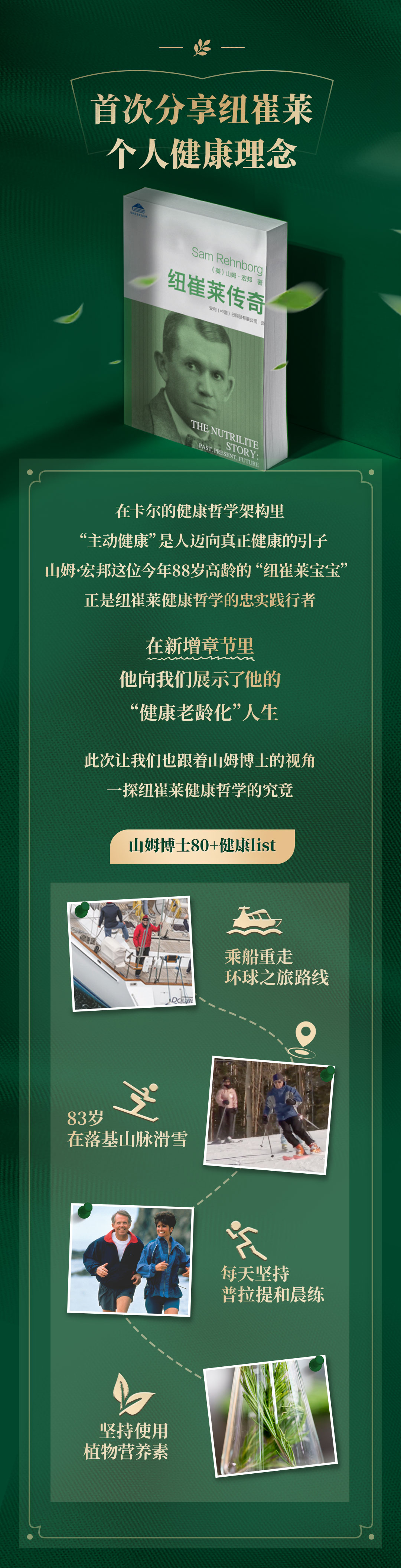 首次分享纽崔莱
个人健康理念

在卡尔的健康哲学架构里
“主动健康”是人迈向真正健康的引子
山姆·宏邦这位今年88岁高龄的“纽崔莱宝宝”
正是纽崔莱健康哲学的忠实践行者

在新增章节里
他向我们展示了他的
“健康老龄化”人生

此次让我们也跟着山姆博士的视角
一探纽崔莱健康哲学的究竟

山姆博士80+健康list

乘船重走环球之旅路线

83岁在落基山脉滑雪

每天坚持普拉提和晨练

坚持使用植物营养素