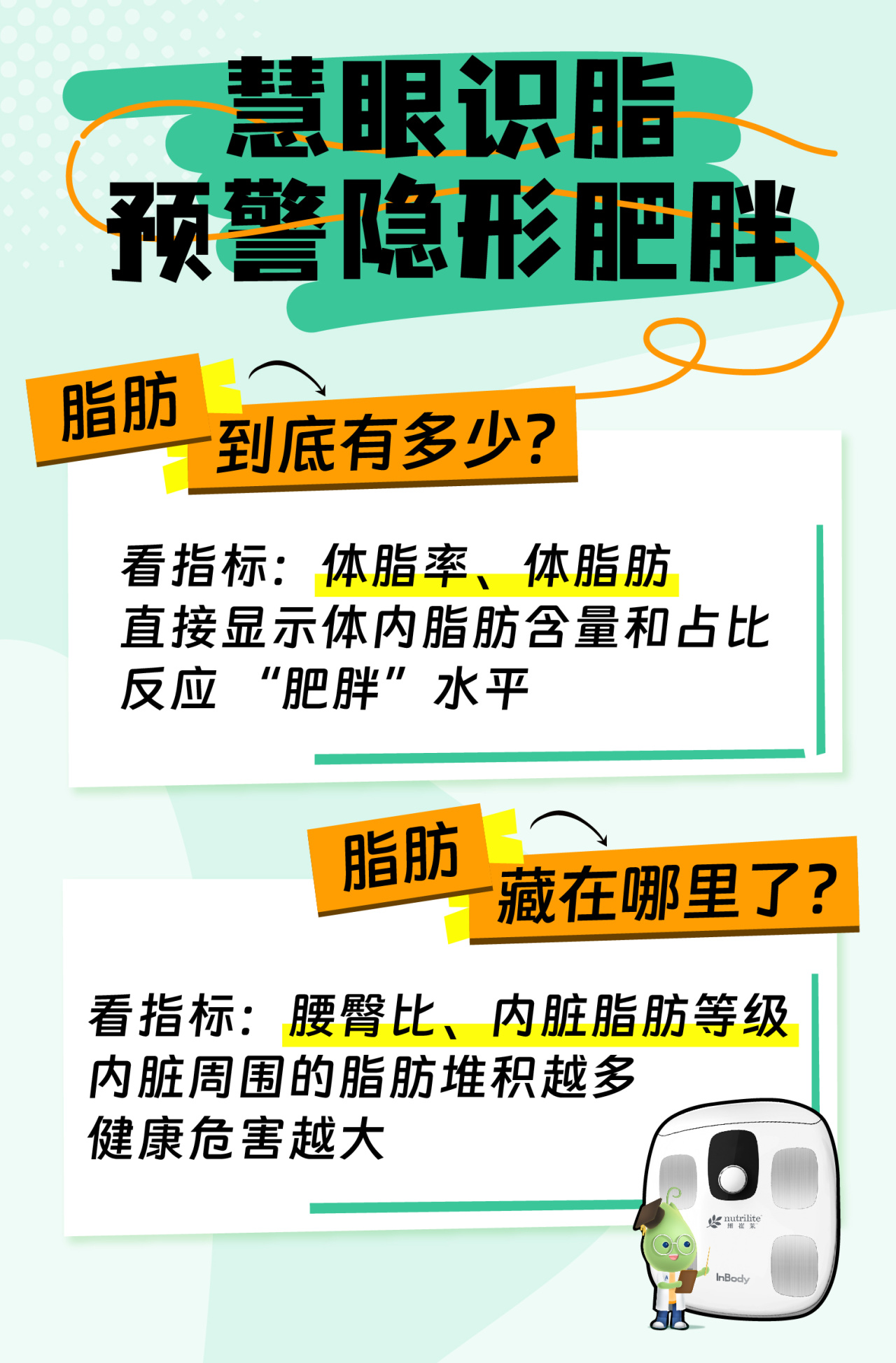 慧眼识脂
预警隐形肥胖

脂肪到底有多少？
看指标：体脂率、体脂肪
直接显示体内脂肪含量和占比
反应“肥胖”水平

脂肪藏在哪里了？
看指标：腰臀比、内脏脂肪等级
内脏周围的脂肪堆积越多
健康危害越大