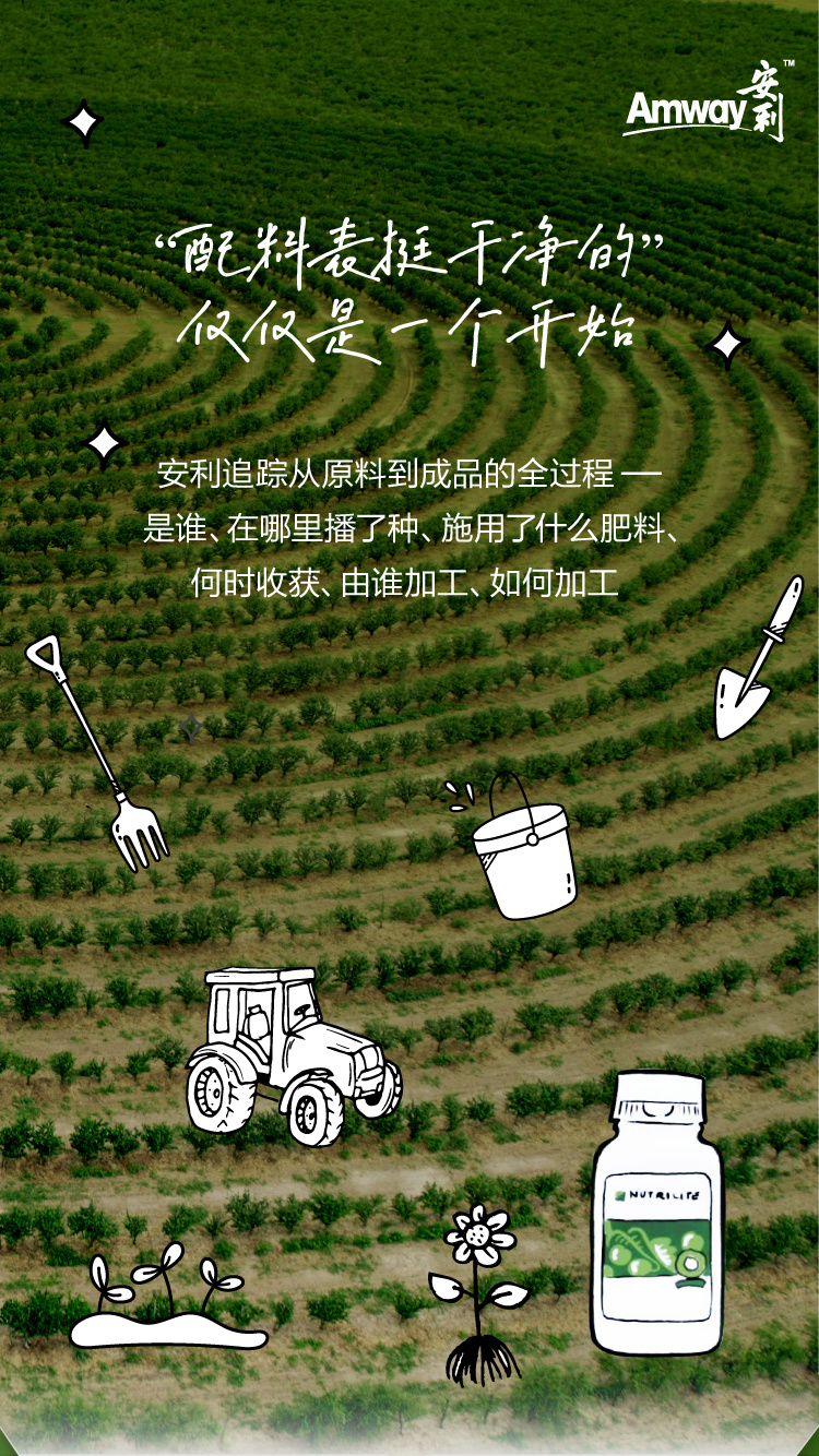 安利追踪从原料到成品的全过程
——是谁、在哪里播了种、施用了什么肥料、何时收获、由谁加工、如何加工

“配料表挺干净的”仅仅是一个开始