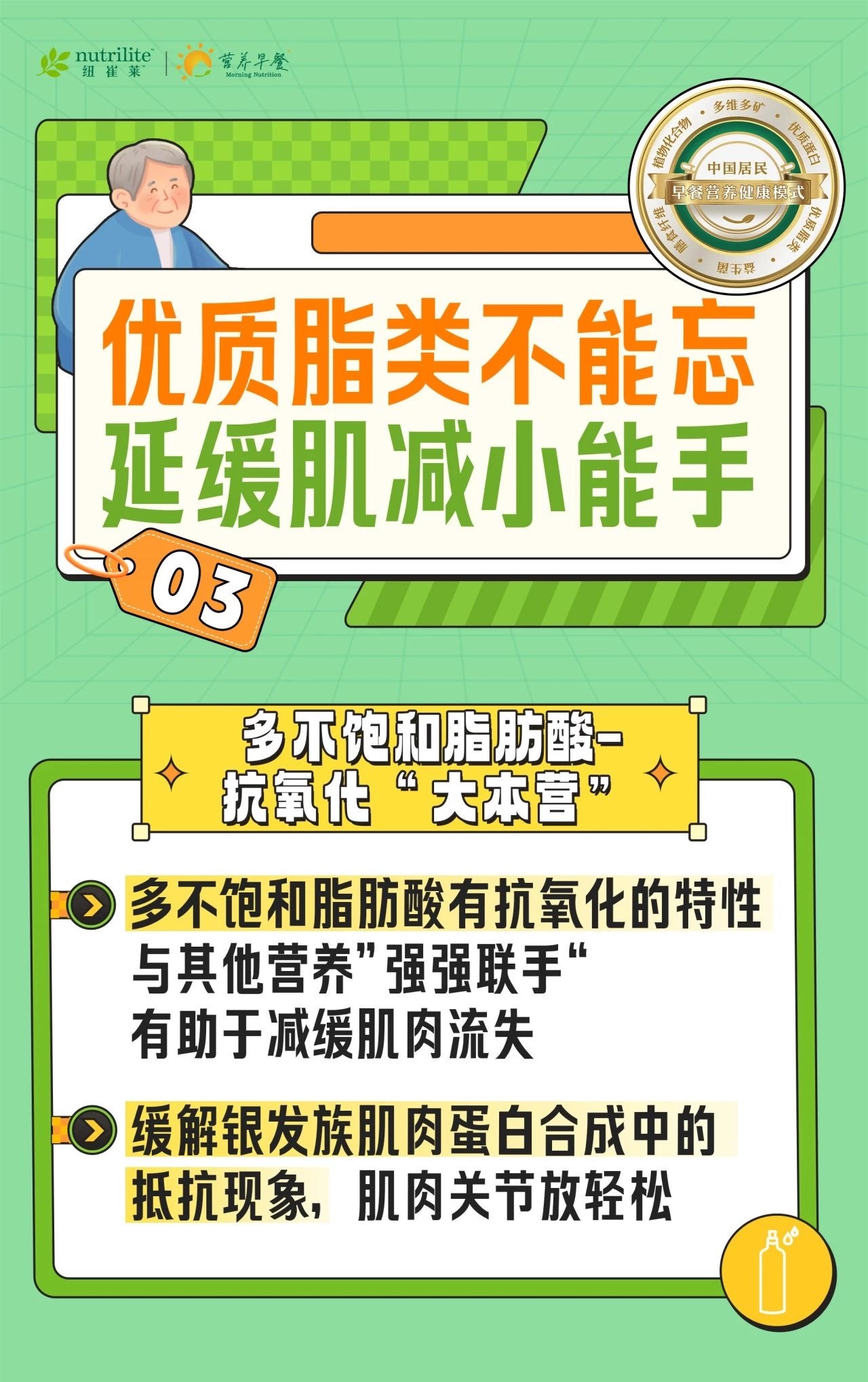 nutrilite
 优质脂类不能忘 延缓肌减小能手
 多不饱和脂肪酸-抗氧化“大本营”
 多不饱和脂肪酸有抗氧化的特性，与其他营养”强强联手“有助于减缓肌肉流失
 缓解银发族肌肉蛋白合成中的抵抗现象，肌肉关节放轻松