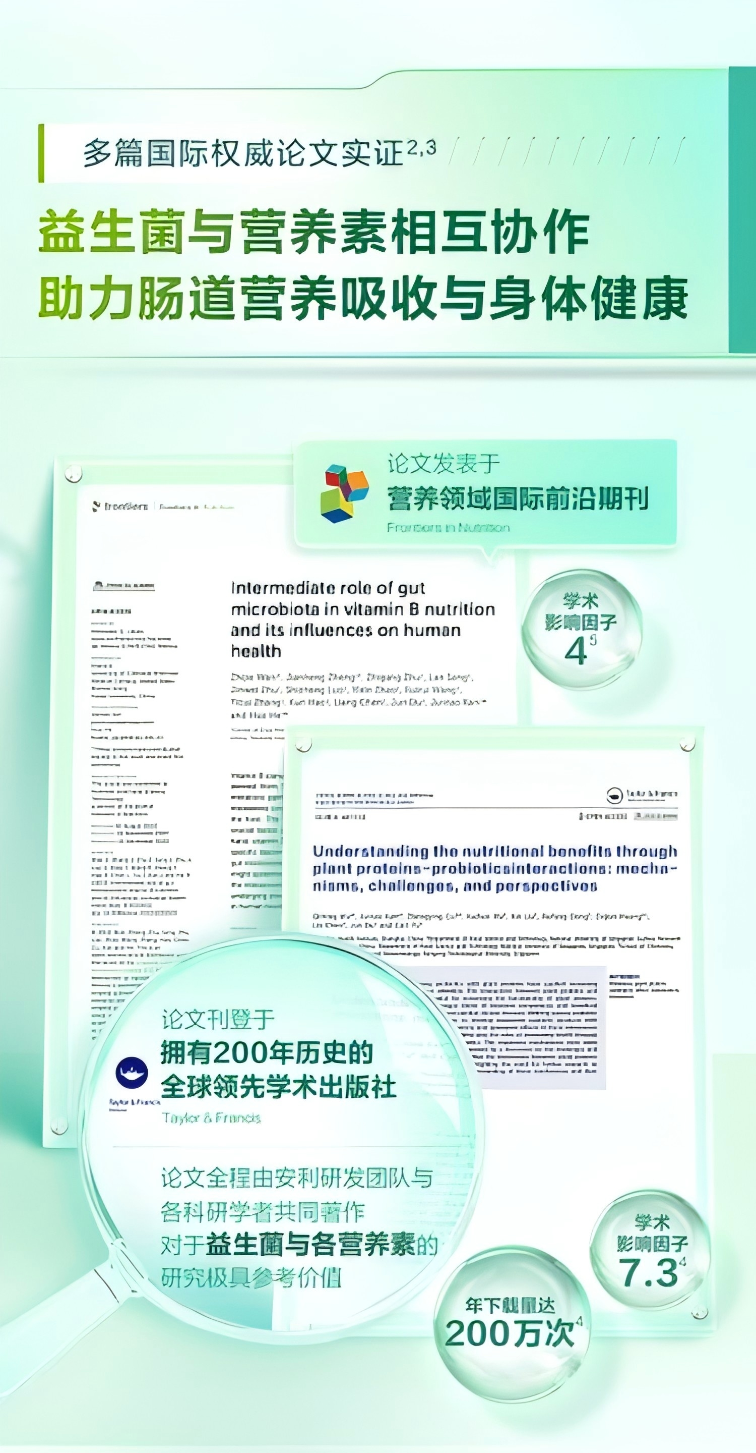 多篇国际权威论文实证
 益生菌与营养素相互协作
 助力肠道营养吸收与身体健康
 论文发表于
 营养领域国际前沿期刊
 Intermediate role of gut microbiota in vitamin B nutrition and its influences on human health
 Understanding the nutritional benefits through plant proteins-probiotics interactions: mechanisms, challenges, and perspectives
 论文刊登于
 拥有200年历史的全球领先学术出版社
 Taylor & Francis
 论文全程由安利研发团队与各科研学者共同著作
 对于益生菌与各营养素的研究极具参考价值
 学术影响因子4
 年下载量达200万次
 学术影响因子7.3