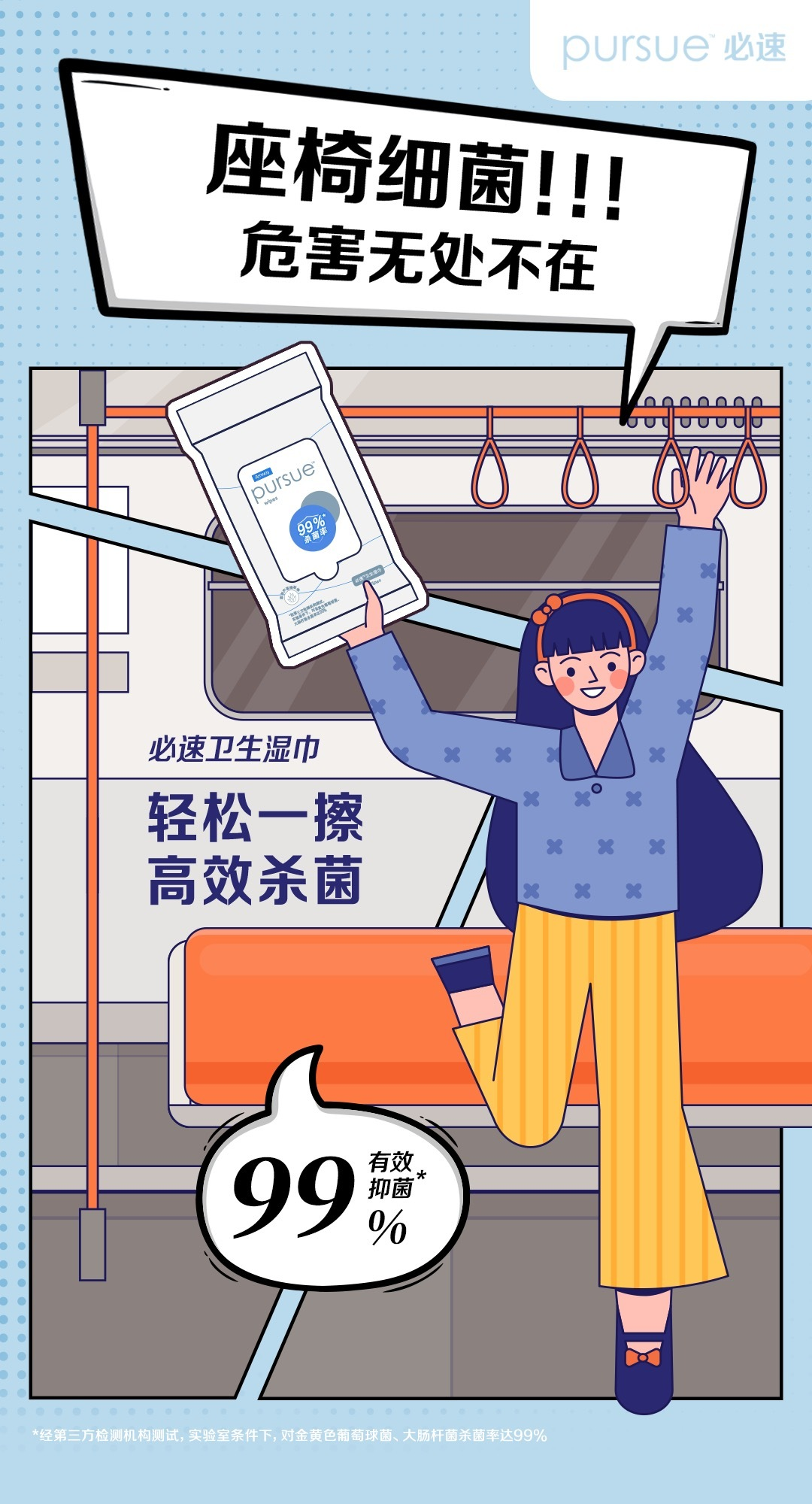 座椅细菌!!!
危害无处不在

必速卫生湿巾
轻松一擦
高效杀菌

99% 有效抑菌*

*经第三方检测机构测试，实验室条件下，对金黄色葡萄球菌、大肠杆菌杀灭率达99%