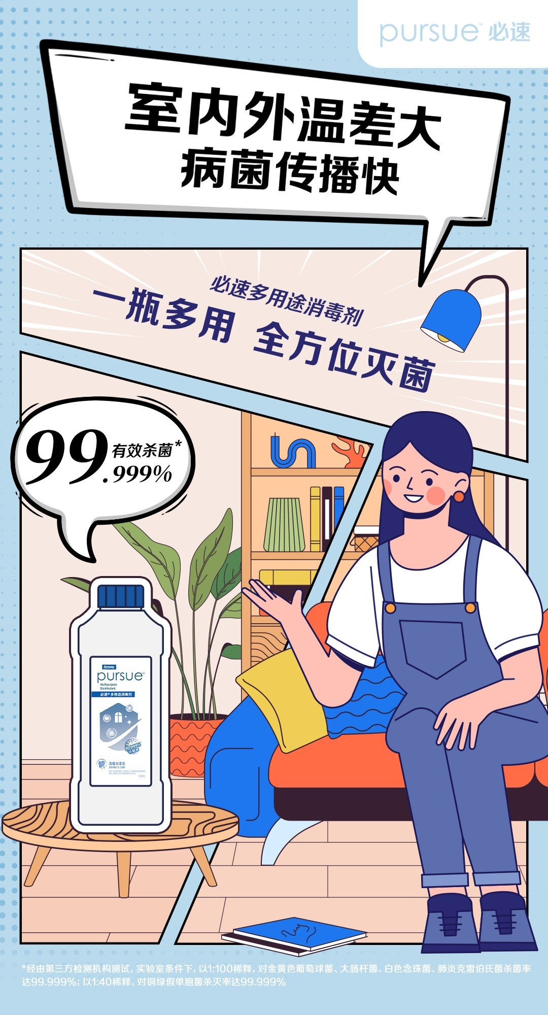 室内外温差大
病菌传播快

一瓶多用 全方位灭菌

99.999%有效杀菌*

*经由第三方检测机构测试，实验室条件下，以1:100稀释，对金黄色葡萄球菌、大肠杆菌、白色念珠菌、肺炎克雷伯氏菌杀灭率可达99.999%；以1:40稀释，对铜绿假单胞菌杀灭率达99.999%