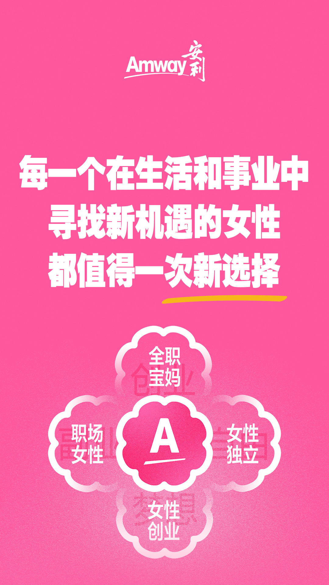 Amway 安利

每一个在生活和事业中寻找新机遇的女性，都值得一次新选择

全职宝妈、女性独立、女性创业、职场女性