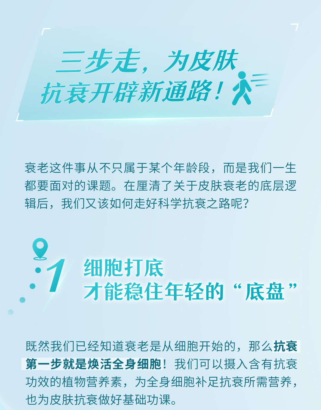 三步走，为皮肤抗衰开辟新通路！

衰老这件事从不只属于某个年龄段，而是我们一生都要面对的课题。在厘清了关于皮肤衰老的底层逻辑后，我们又该如何走好科学抗衰之路呢？

1. 细胞打底才能稳住年轻的“底盘”

既然我们已经知道衰老是从细胞开始的，那么抗衰第一步就是焕活全身细胞！我们可以摄入含有抗衰功效的植物营养素，为全身细胞补足抗衰所需营养，也为皮肤抗衰做好基础功课。