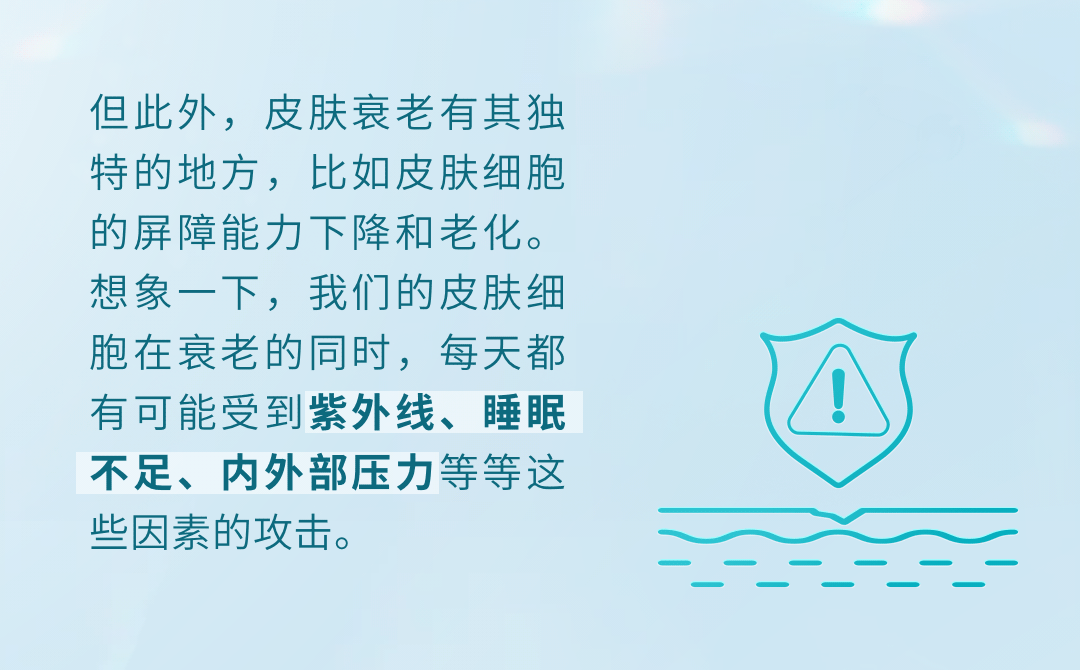 但此外，皮肤衰老有其独特的地方，比如皮肤细胞的屏障能力下降和老化。想象一下，我们的皮肤细胞在衰老的同时，每天都有可能受到紫外线、睡眠不足、内外部压力等等这些因素的攻击。