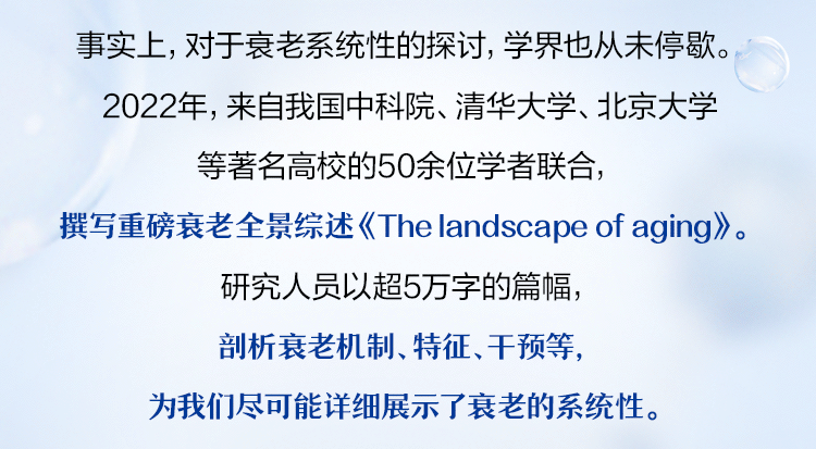 事实上，对于衰老系统性的探讨，学界也从未停歇。

2022年，来自我国中科院、清华大学、北京大学等著名高校的50余位学者联合，

撰写重磅衰老全景综述《The landscape of aging》。

研究人员以超5万字的篇幅，

剖析衰老机制、特征、干预等，

为我们尽可能详细展示了衰老的系统性。