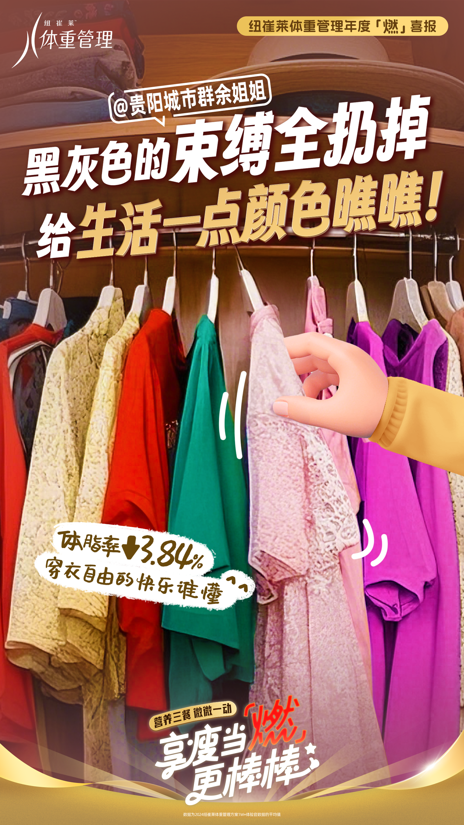 纽崔莱体重管理年度「燃」喜报
 @贵阳城市群余姐姐
 黑灰色的束缚全扔掉 给生活一点颜色瞧瞧！
 体脂率↓3.84%
 穿衣自由的快乐谁懂？？
 营养三餐 微微一动
 享瘦当「燃」 更棒棒！
纽崔莱体重管理