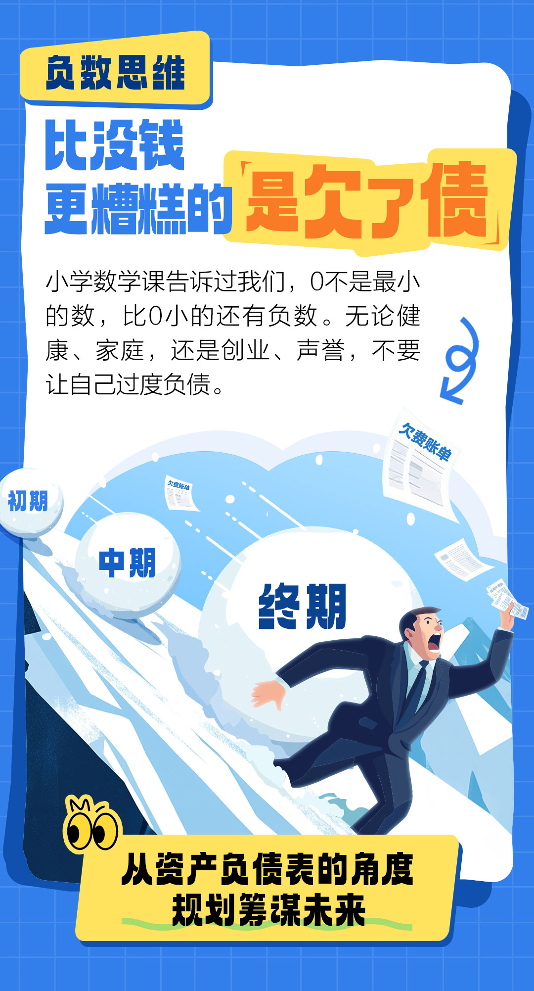 负数思维
 比没钱更糟糕的是欠了债
 小学数学课告诉过我们，0不是最小的数，比0小的还有负数。无论健康、家庭，还是创业、声誉，不要让自己过度负债。
 从资产负债表的角度规划筹谋未来
