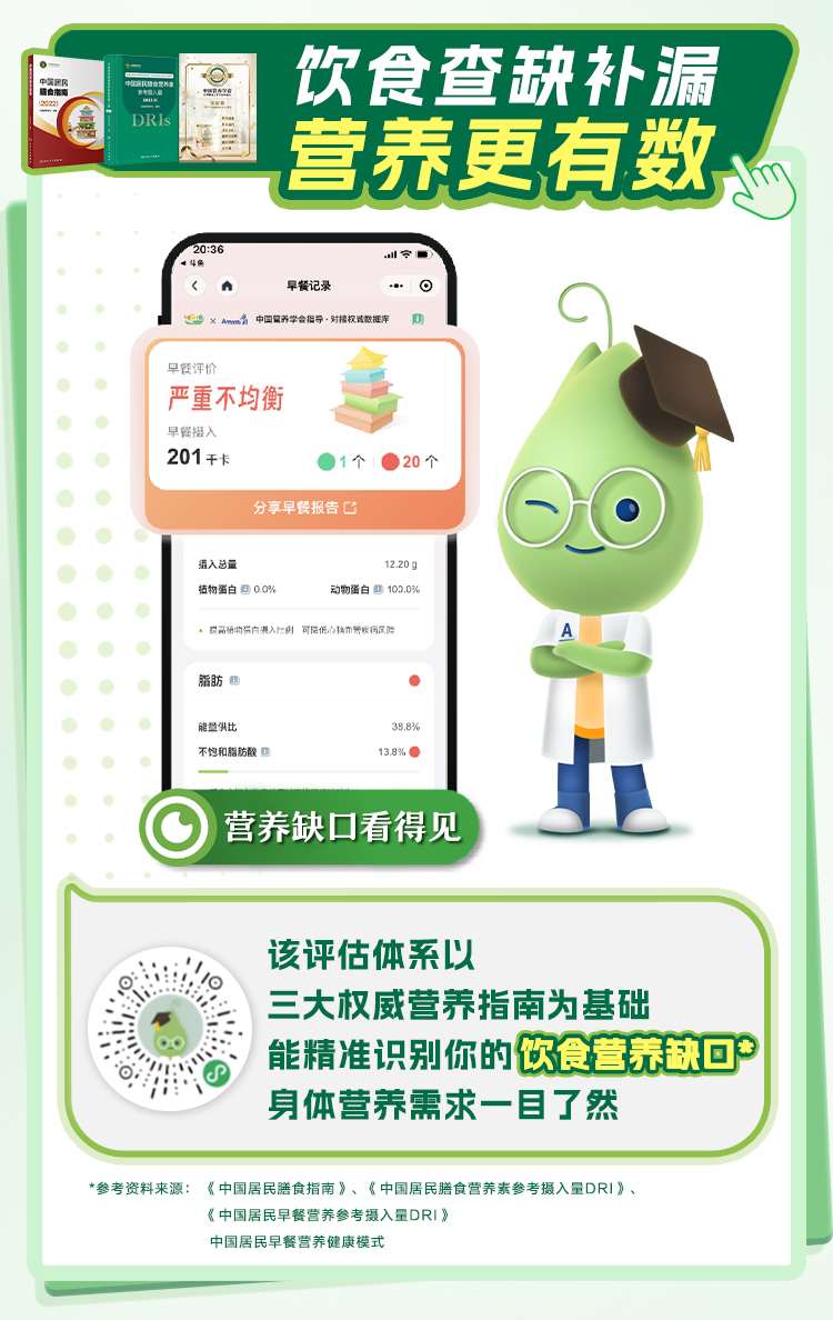 饮食查缺补漏
 营养更有数
 早餐记录
 营养缺口看得见
 该评估体系以三大权威营养指南为基础能精准识别你的饮食营养缺口身体营养需求一目了然
 参考资料来源：《中国居民膳食指南》、《中国居民膳食营养素参考摄入量DRI》、《中国居民早餐营养参考摄入量DRI》中国居民早餐营养健康模式