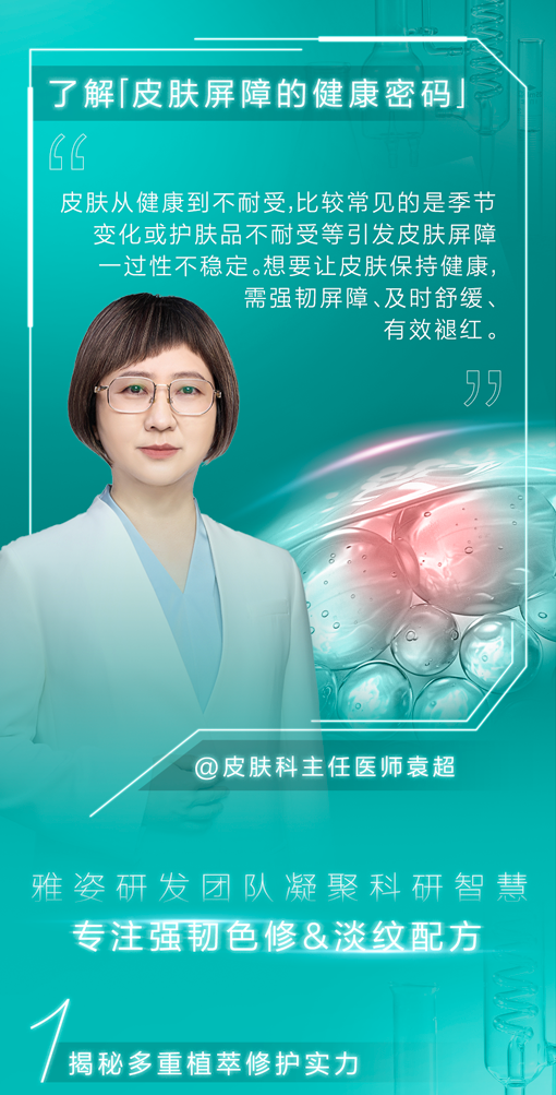 了解「皮肤屏障的健康密码」

皮肤从健康到不耐受，比较常见的是季节变化或护肤品不耐受等引发皮肤屏障一过性不稳定。想要让皮肤保持健康，需强韧屏障、及时舒缓、有效褪红。

@皮肤科主任医师袁超

雅姿研发团队凝聚科研智慧
专注强韧色修&淡纹配方
揭秘多重植萃修护实力