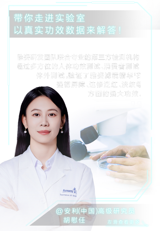 带你走进实验室
以真实功效数据来解答！

雅姿研发团队联合专业的第三方检测机构，
通过多方位的人体功效测试、消费者测试、
体外测试，验证了雅姿滤镜精华在
强韧屏障、速修泛红、淡纹等
方面的强大功效。

@安利(中国)高级研究员
胡慰任