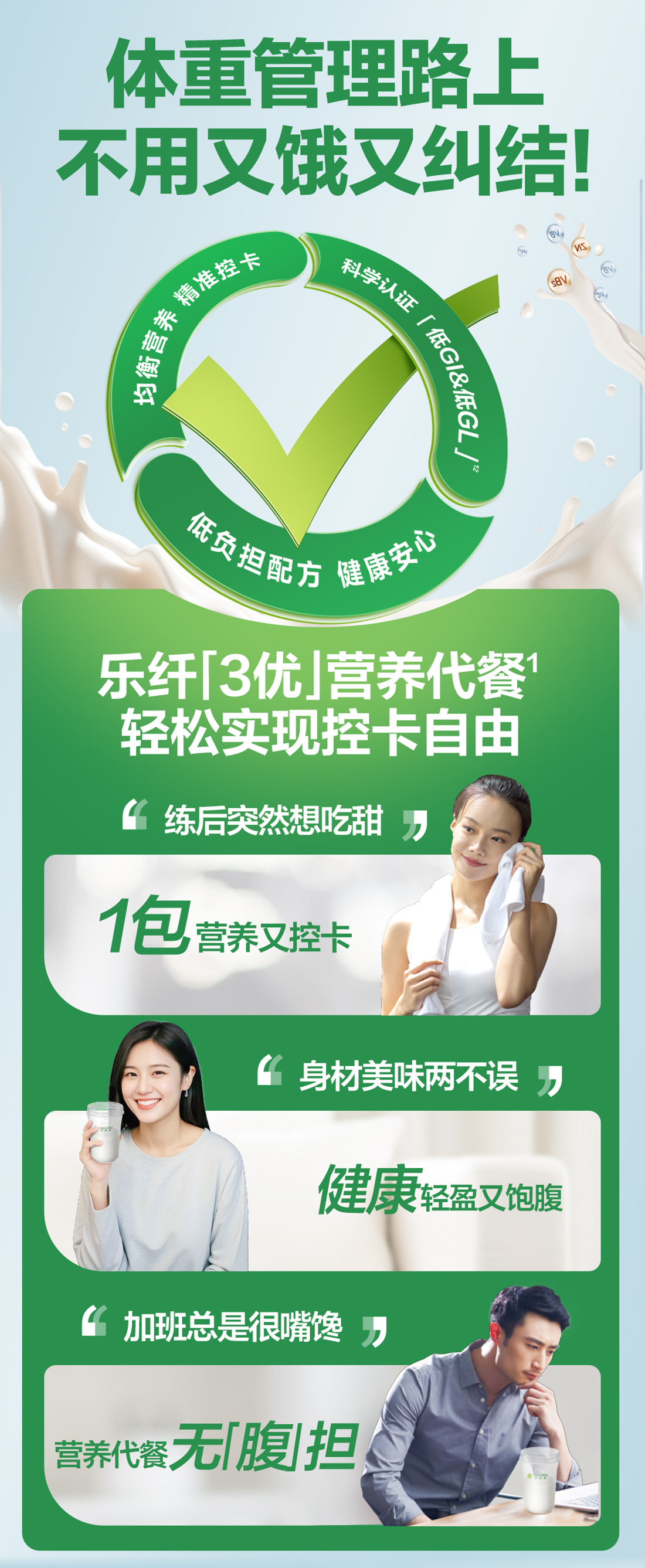 体重管理路上
 不用又饿又纠结！
 精准控卡 
 科学认证「低GI&低GL」
 均衡营养
 低负担配方 健康安心
 乐纤[3优]营养代餐
 轻松实现控卡自由
 练后突然想吃甜
 1包 营养又控卡
 身材美味两不误
 健康轻盈又饱腹
 加班总是很嘴馋
 营养代餐无「腹」担