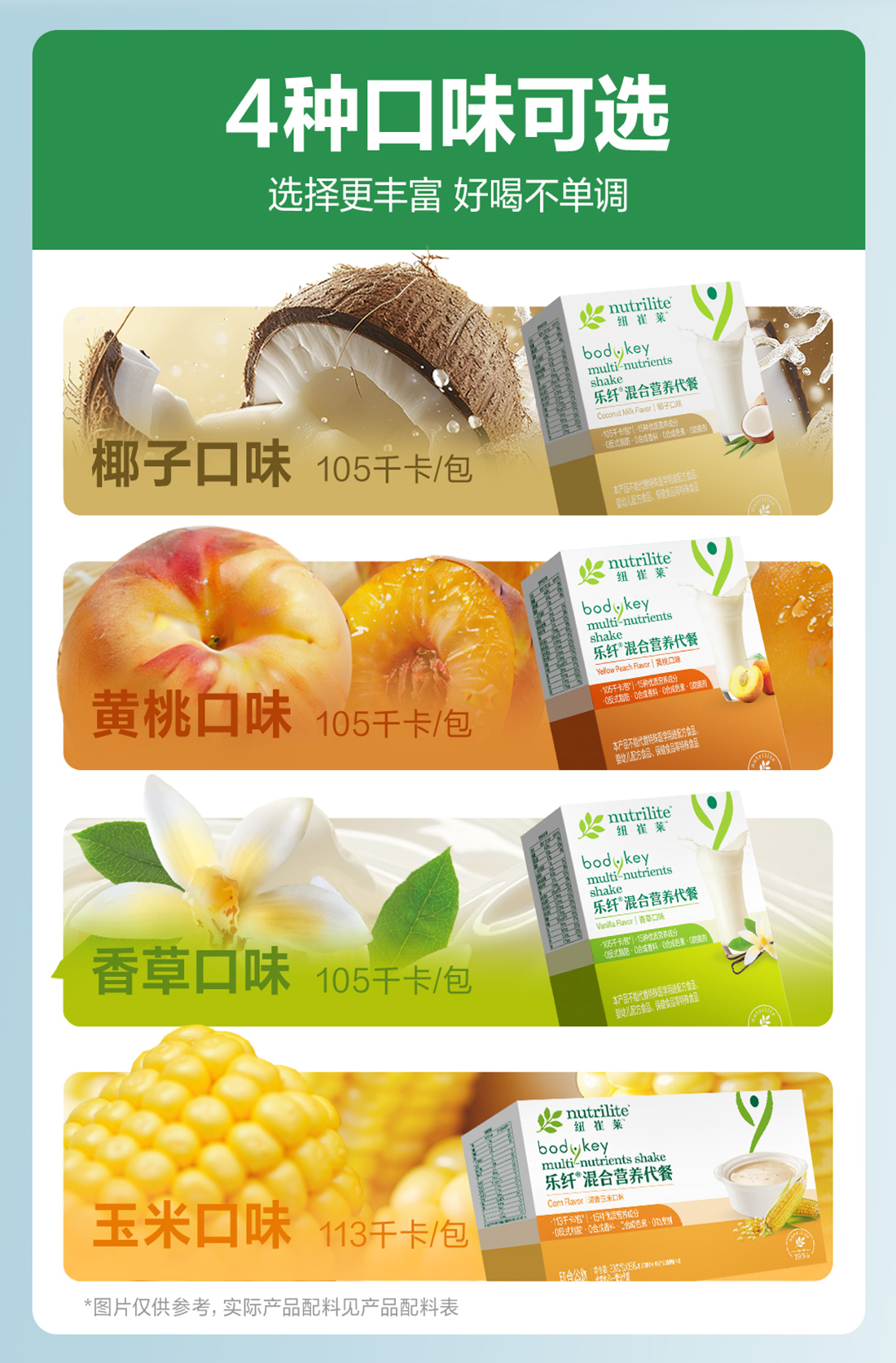 4种口味可选
 选择更丰富 好喝不单调
 椰子口味 105千卡/包
 黄桃口味 105千卡/包
 香草口味 105千卡/包
 玉米口味 113千卡/包
 *图片仅供参考，实际产品配料见产品配料表