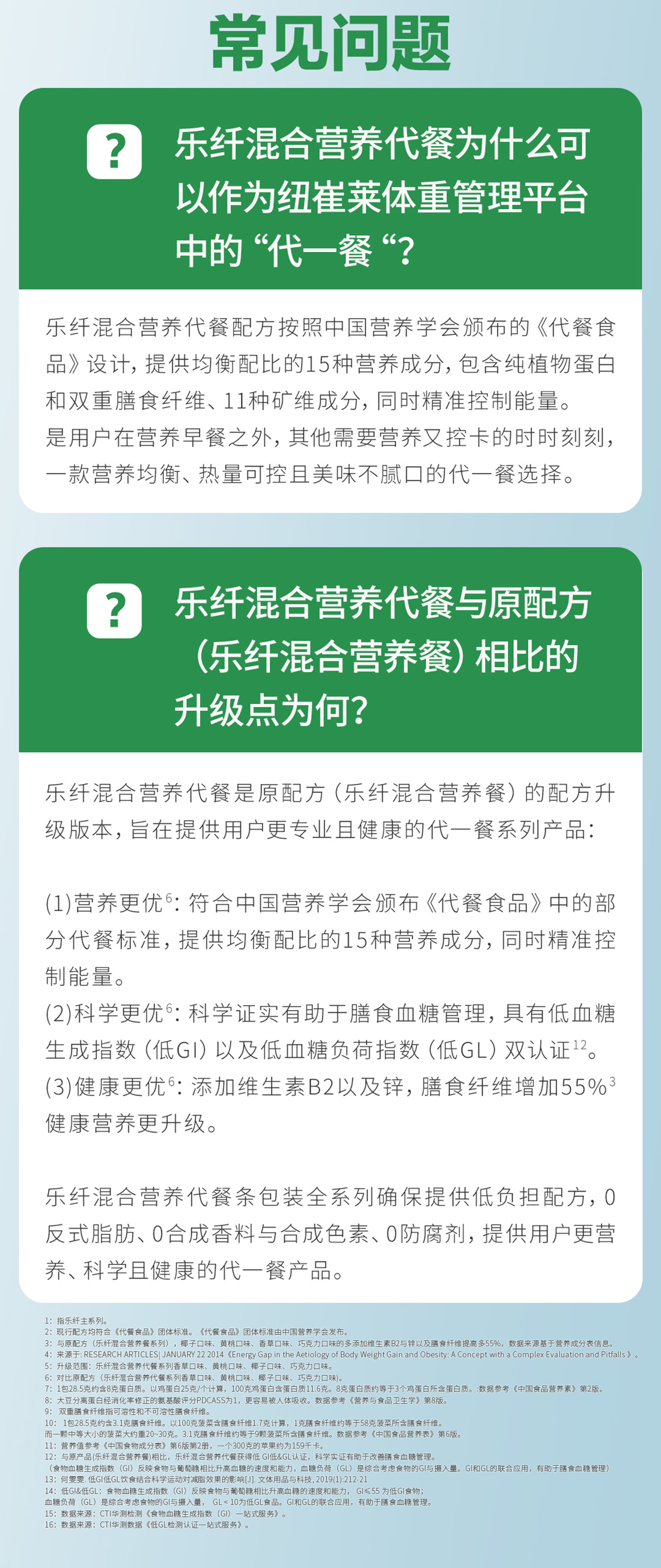 常见问题
 乐纤混合营养代餐为什么可以作为纽崔莱体重管理平台中的“代一餐”？
 乐纤混合营养代餐配方按照中国营养学会颁布的《代餐食品》设计，提供均衡配比的15种营养成分，包含纯植物蛋白和双重膳食纤维、11种矿维成分，同时精准控制能量。是用户在营养早餐之外，其他需要营养又控卡的时时刻刻，一款营养均衡、热量可控且美味不腻口的代一餐选择。
 乐纤混合营养代餐与原配方（乐纤混合营养餐）相比的升级点为何？
 乐纤混合营养代餐是原配方（乐纤混合营养餐）的配方升级版本，旨在提供用户更专业且健康的代一餐系列产品：
 (1) 营养更优：符合中国营养学会颁布《代餐食品》中的部分代餐标准，提供均衡配比的15种营养成分，同时精准控制能量。
 (2) 科学更优：科学证实有助于膳食血糖管理，具有低血糖生成指数（低GI）以及低血糖负荷指数（低GL）双认证。
 (3) 健康更优：添加维生素B2以及锌，膳食纤维增加55%健康营养更升级。
 乐纤混合营养代餐条包装全系列确保提供低负担配方，0反式脂肪、0合成香料与合成色素、0防腐剂，提供用户更营养、科学且健康的代一餐产品。