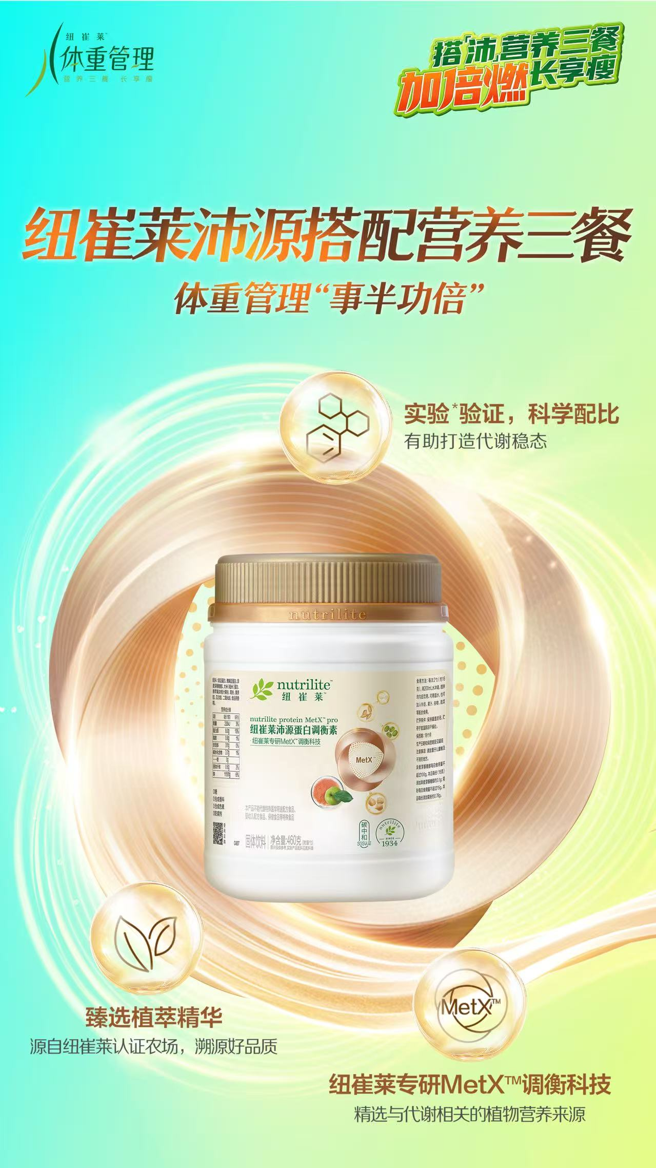 纽崔莱沛源搭配营养三餐
 体重管理“事半功倍”
 实验验证，科学配比
 有助打造代谢稳态
 臻选植萃精华
 源自纽崔莱认证农场，溯源好品质
 纽崔莱专研MetX™调衡科技
 精选与代谢相关的植物营养来源
纽崔莱沛源蛋白调衡素
搭「沛」营养三餐长享瘦
加倍燃