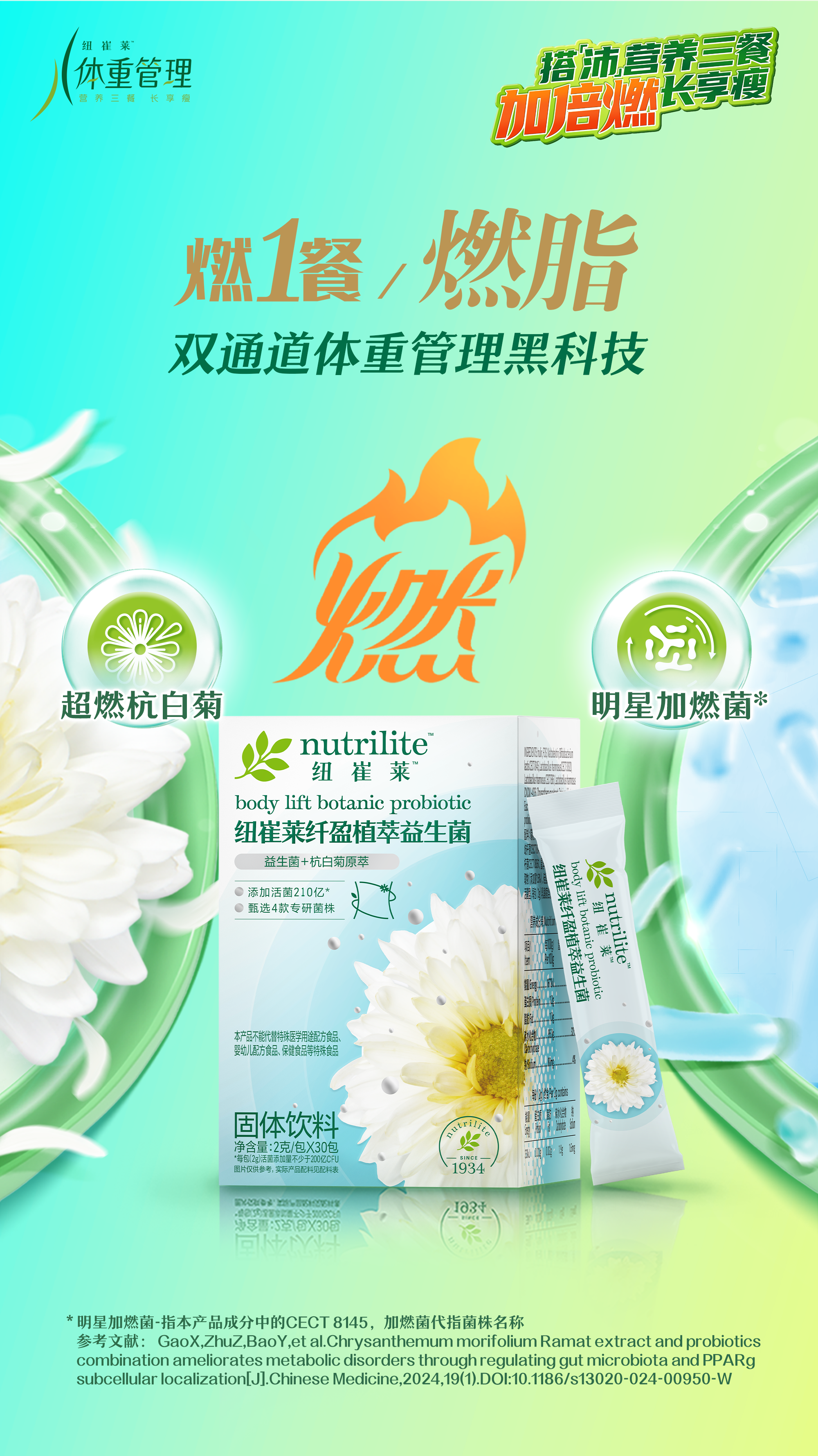 体重管理
 燃1餐，燃脂
 双通道体重管理黑科技
 超燃杭白菊
 明星加燃菌*
 nutrilite 纽崔莱
 body lift botanic probiotic 纽崔莱纤盈植萃益生菌
 固体饮料
 *明星加燃菌-指本产品成分中的CECT 8145，加燃菌代指菌株名称
搭「沛」营养三餐长享瘦
加倍燃