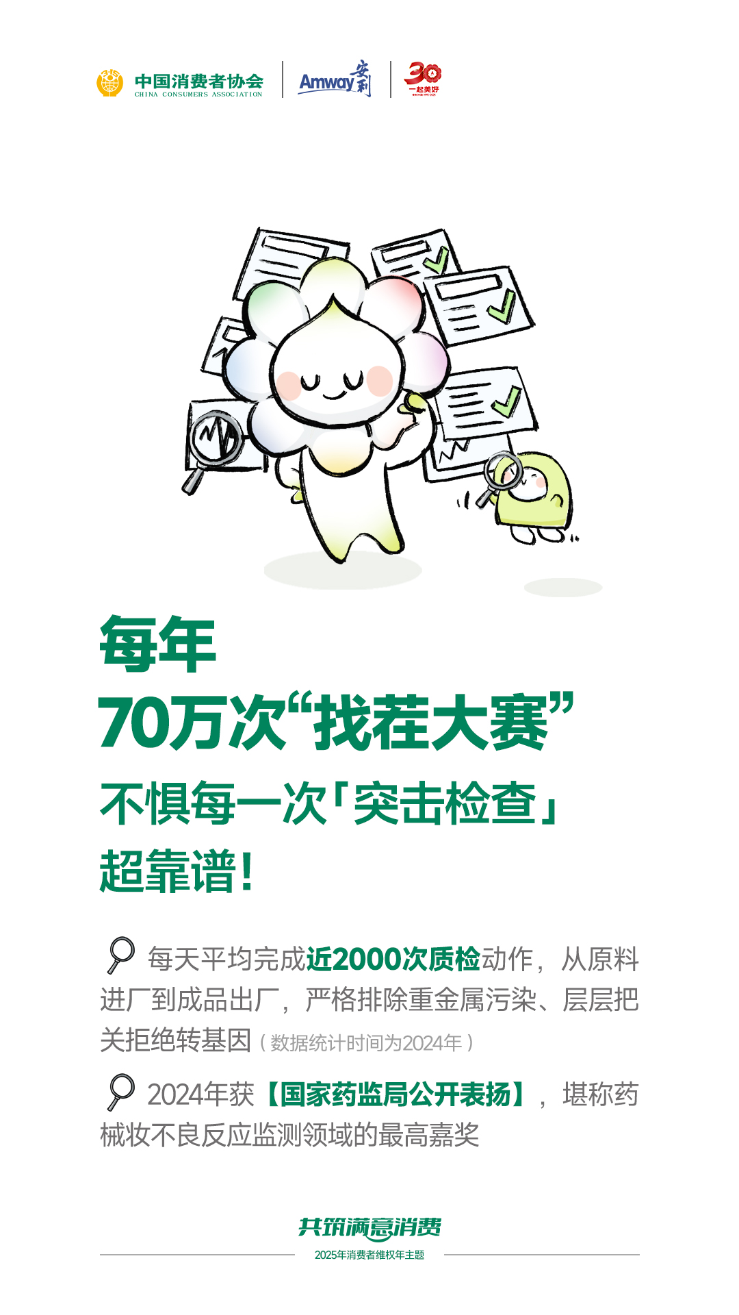 每年
70万次“找茬大赛”
不惧每一次「突击检查」
超靠谱！

每天平均完成近2000次质检动作，从原料进厂到成品出厂，严格排除重金属污染、层层把关拒绝转基因（数据统计时间为2024年）

2024年获【国家药监局公开表扬】，堪称药械妆不良反应监测领域的最高嘉奖

共筑满意消费
2025年消费者维权年主题