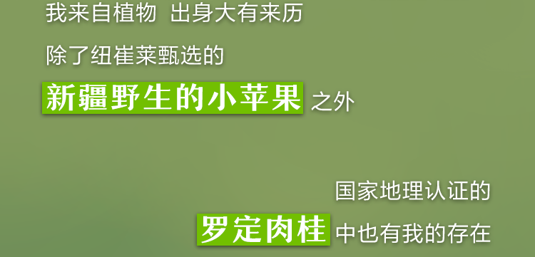 我来自植物 出身大有来历

除了纽崔莱甄选的
新疆野生的小苹果之外
国家地理认证的
罗定肉桂中也有我的存在