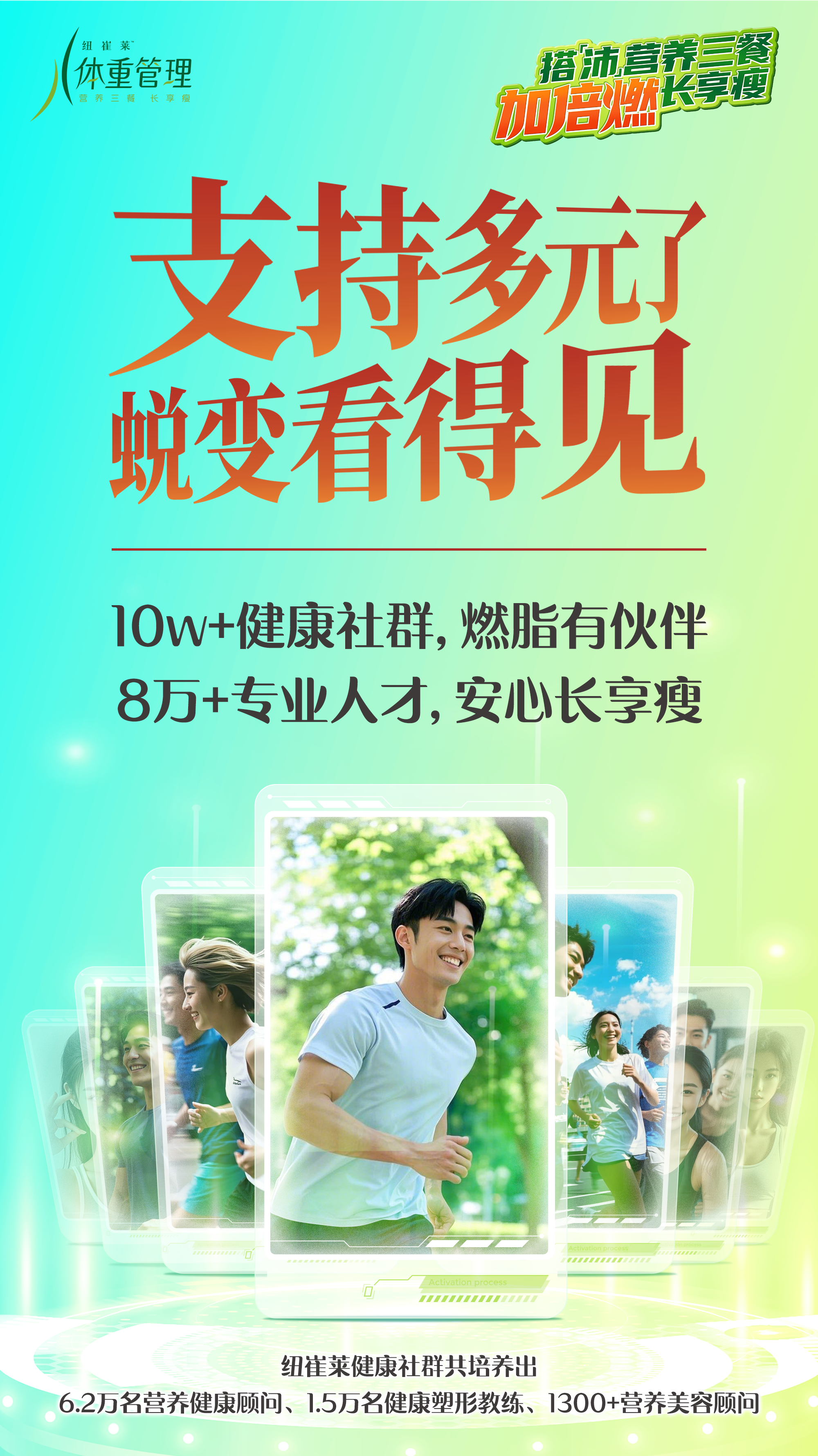 体重管理
 支持多元 蜕变得见
 10w+健康社群，燃脂有伙伴
 8万+专业人才，安心长享瘦
 纽崔莱健康社群共培养出
 6.2万名营养健康顾问、1.5万名健康塑形教练、1300+营养美容顾问
搭「沛」营养三餐长享瘦
加倍燃