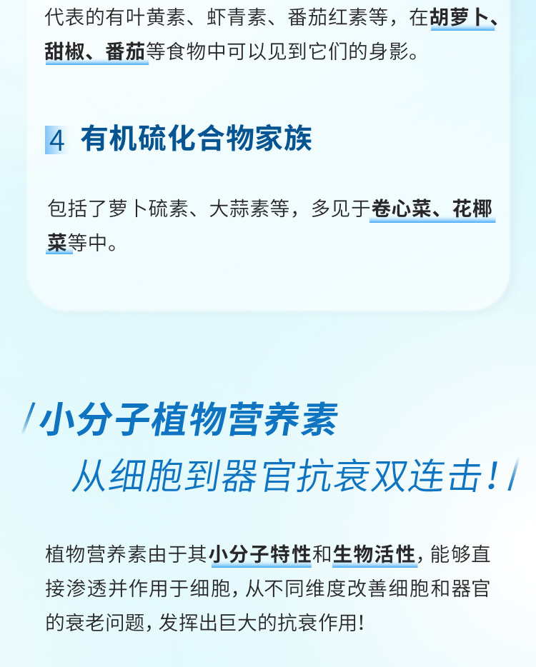 代表的有叶黄素、虾青素、番茄红素等，在胡萝卜、甜椒、番茄等食物中可以见到它们的身影。
 4 有机硫化合物家族
 包括了萝卜硫素、大蒜素等，多见于卷心菜、花椰菜等中。
 小分子植物营养素
 从细胞到器官抗衰双连击！
 植物营养素由于其小分子特性和生物活性，能够直接渗透并作用于细胞，从不同维度改善细胞和器官的衰老问题，发挥出巨大的抗衰作用！