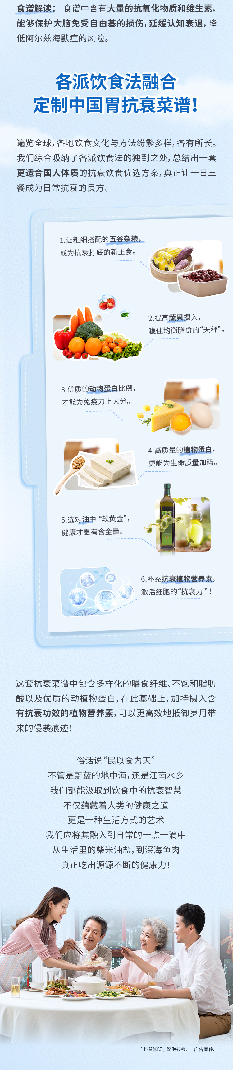 食谱解读：食谱中含有大量的抗氧化物质和维生素，能够保护大脑免受自由基的损伤，延缓认知衰退，降低阿尔茨海默症的风险。
 各派饮食法融合定制中国胃抗衰菜谱！
 遍览全球，各地饮食文化与方法纷繁多样，各有所长。我们综合吸纳了各派饮食法的独到之处，总结出一套更适合国人体质的抗衰饮食优选方案，真正让一日三餐成为日常抗衰的良方。
 1. 让粗细搭配的五谷杂粮，成为抗衰打底的新主食。
 2. 提高蔬果摄入，稳住均衡膳食的“天秤”。
 3. 优质的动物蛋白比例，才能为免疫力上大分。
 4. 高质量的植物蛋白，更能为生命质量加码。
 5. 选对油中“软黄金”，健康才更有含金量。
 6. 补充抗衰植物营养素，激活细胞的“抗衰力”！
 这套抗衰菜谱中包含多样化的膳食纤维、不饱和脂肪酸以及优质的动植物蛋白，在此基础上，加持摄入含有抗衰功效的植物营养素，可以更高效地抵御岁月带来的侵袭痕迹！
 俗话说“民以食为天”
 不管是蔚蓝的地中海，还是江南水乡
 我们都能汲取到饮食中的抗衰智慧
 不仅蕴藏着人类的健康之道
 更是一种生活方式的艺术
 我们应将其融入到日常的一点一滴中
 从生活里的柴米油盐，到深海鱼肉
 真正吃出源源不断的健康力！
*科普知识，仅供参考，非广告宣传。