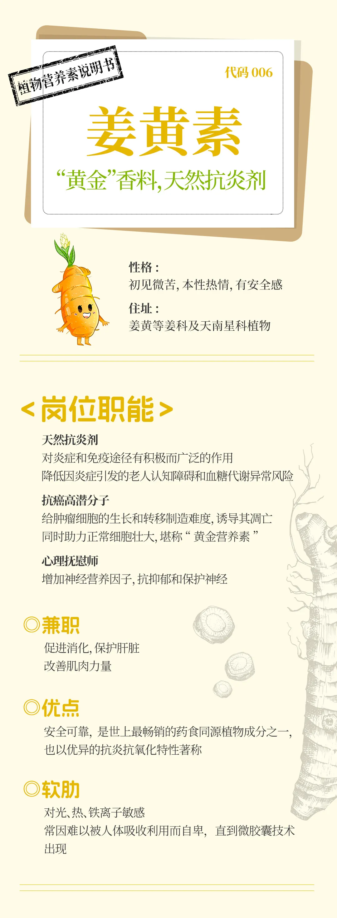 肌肤充能:抗炎界 “隐藏大佬”,天然成分来救场 植物营养素说明书
代码006
姜黄素
“黄金”香料,天然抗炎剂
性格:初见微苦,本性热情,有安全感
住址:姜黄等姜科及天南星科植物
<岗位职能>
天然抗炎剂
对炎症和免疫途径有积极而广泛的作用
降低因炎症引发的老人认知障碍和血糖代谢异常风险
抗癌高潜分子
给肿瘤细胞的生长和转移制造难度,诱导其凋亡
同时助力正常细胞壮大,堪称“黄金营养素”
心理抚慰师
增加神经营养因子,抗抑郁和保护神经
兼职
促进消化,保护肝脏
改善肌肉力量
优点
安全可靠,是世上最畅销的药食同源植物成分之一,也以优异的抗炎抗氧化特性著称
软肋
对光、热、铁离子敏感
常因难以被人体吸收利用而自卑,直到微胶囊技术出现