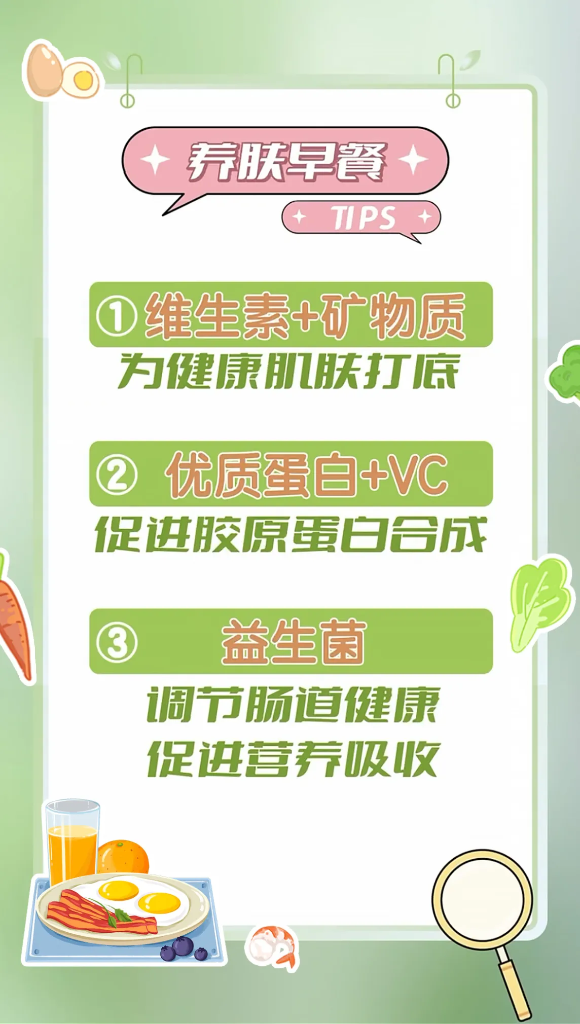 养肤早餐
 TIPS
 维生素+矿物质
 为健康肌肤打底
 优质蛋白+VC
 促进胶原蛋白合成
 益生菌
 调节肠道健康
 促进营养吸收