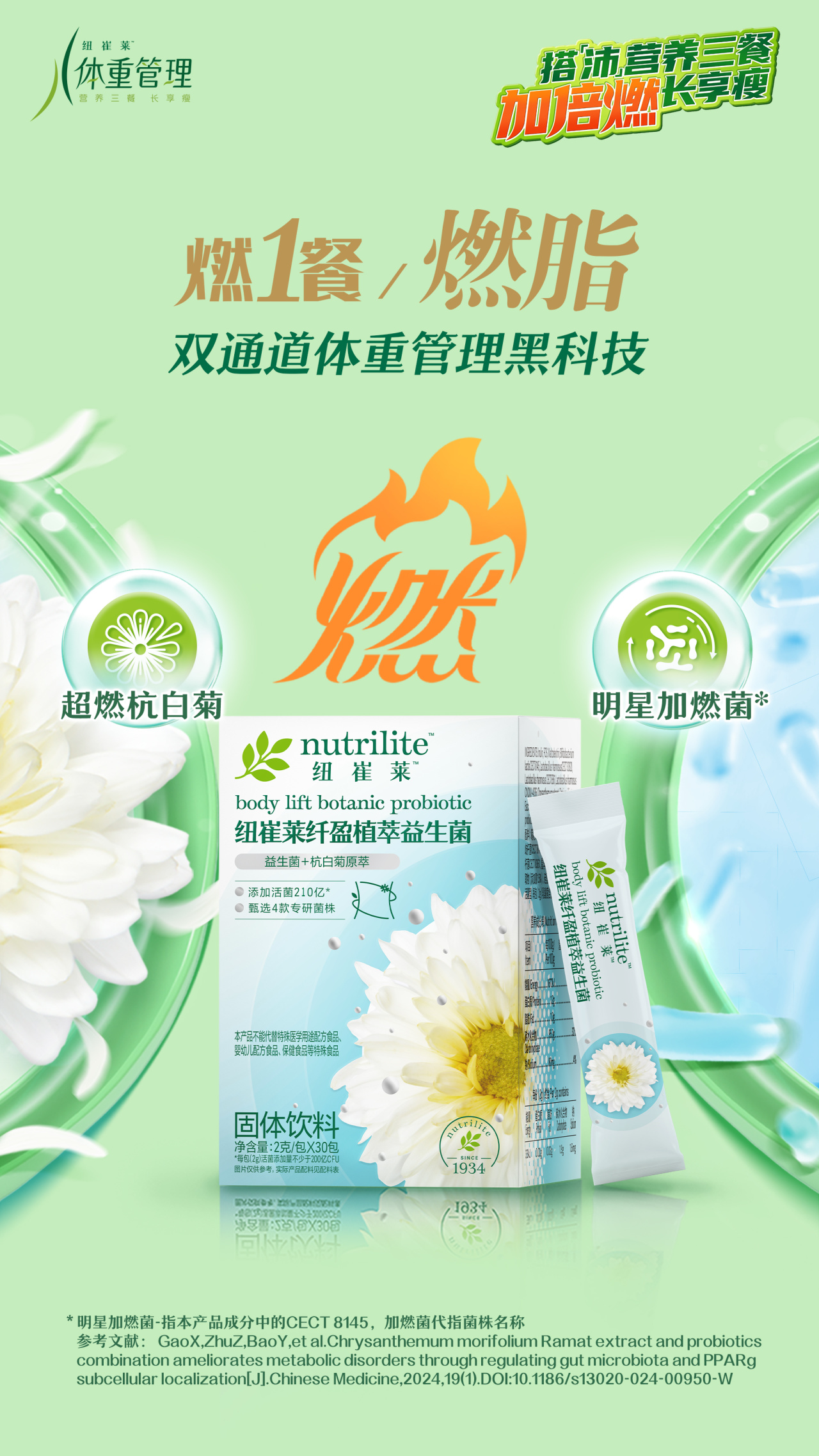燃1餐/燃脂
 双通道体重管理黑科技
 超燃杭白菊
 明星加燃菌*
 nutrilite纽崔莱
 body lift botanic probiotic
 纽崔莱纤盈植萃益生菌
 固体饮料
 净含量：2克/包x30包
 *明星加燃菌-指本产品成分中的CECT 8145，加燃菌代指菌株名称
 参考文献：GaoX,ZhuZ,BaoY,et al.Chrysanthemum morifolium Ramat extract and probiotics combination ameliorates metabolic disorders through regulating gut microbiota and PPARg subcellular localization[J].Chinese Medicine,2024,19(1).DOI:10.1186/s13020-024-00950-W
纽崔莱体重管理