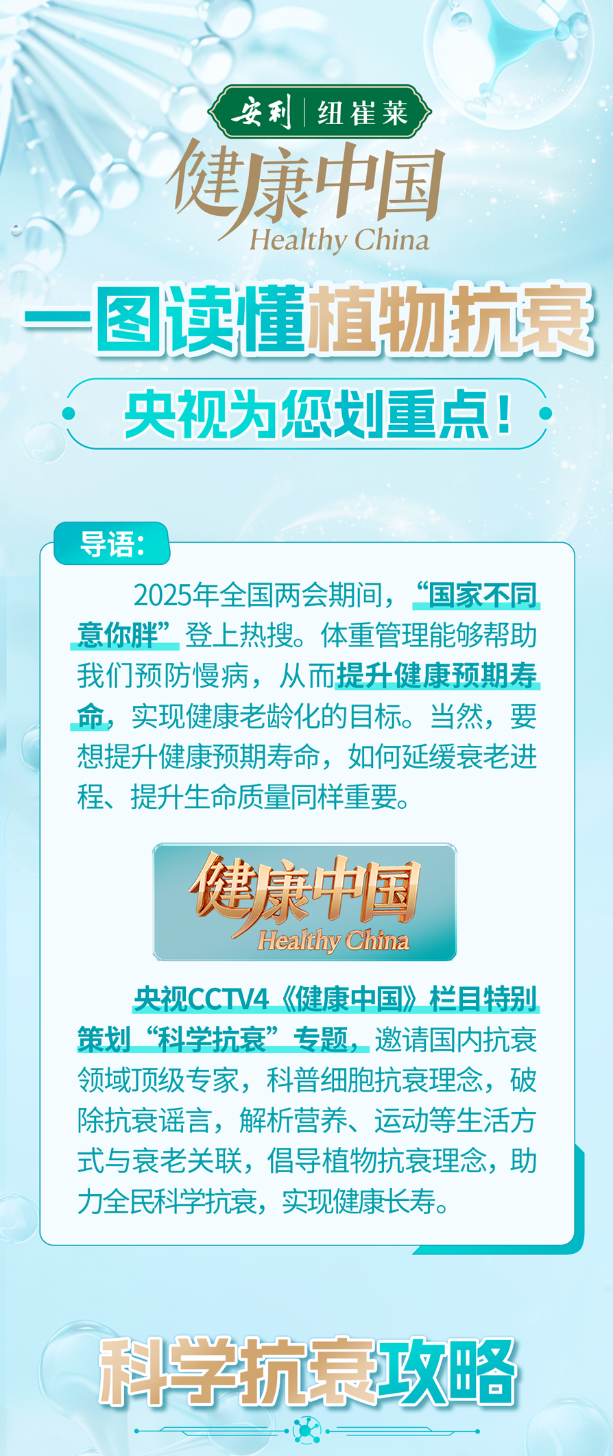 安利纽崔莱
 健康中国 Healthy China
 一图读懂植物抗衰
 央视为您划重点！
 导语：
  - 2025年全国两会期间，“国家不同意你胖”登上热搜。体重管理能够帮助我们预防慢病，从而提升健康预期寿命，实现健康老龄化的目标。当然，要想提升健康预期寿命，如何延缓衰老进程、提升生命质量同样重要。
 健康中国 Healthy China
 央视CCTV4《健康中国》栏目特别策划“科学抗衰”专题，邀请国内抗衰领域顶级专家，科普细胞抗衰理念，破除抗衰谣言，解析营养、运动等生活方式与衰老关联，倡导植物抗衰理念，助力全民科学抗衰，实现健康长寿。
 科学抗衰攻略
