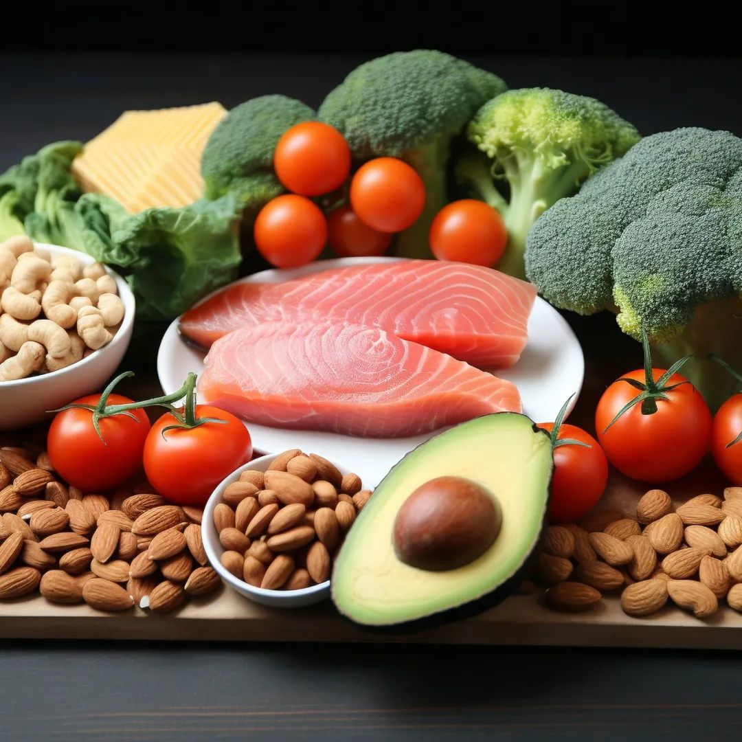 这张图片展示了一系列健康食品，包括：

- 三文鱼片
- 西兰花
- 圣女果
- 鳄梨（牛油果）
- 杏仁
- 花生
- 生菜
- 奶酪

这些食品通常被认为是富含营养的健康选择。