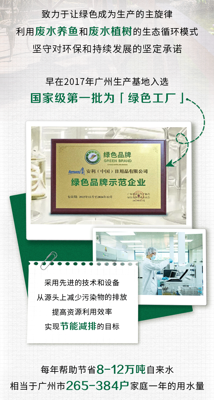 致力于让绿色成为生产的主旋律
利用废水养鱼和废水植树的生态循环模式
坚守对环保和持续发展的坚定承诺
早在2017年广州生产基地入选
国家级第一批为「绿色工厂」
绿色品牌
绿色品牌示范企业
采用先进的技术和设备
从源头上减少污染物的排放
提高资源利用效率
实现节能减排的目标
每年帮助节省8-12万吨自来水
相当于广州市265-384户家庭一年的用水量