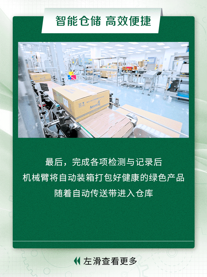智能仓储 高效便捷
最后，完成各项检测与记录后
机械臂将自动装箱打包好健康的绿色产品
随着自动传送带进入仓库
